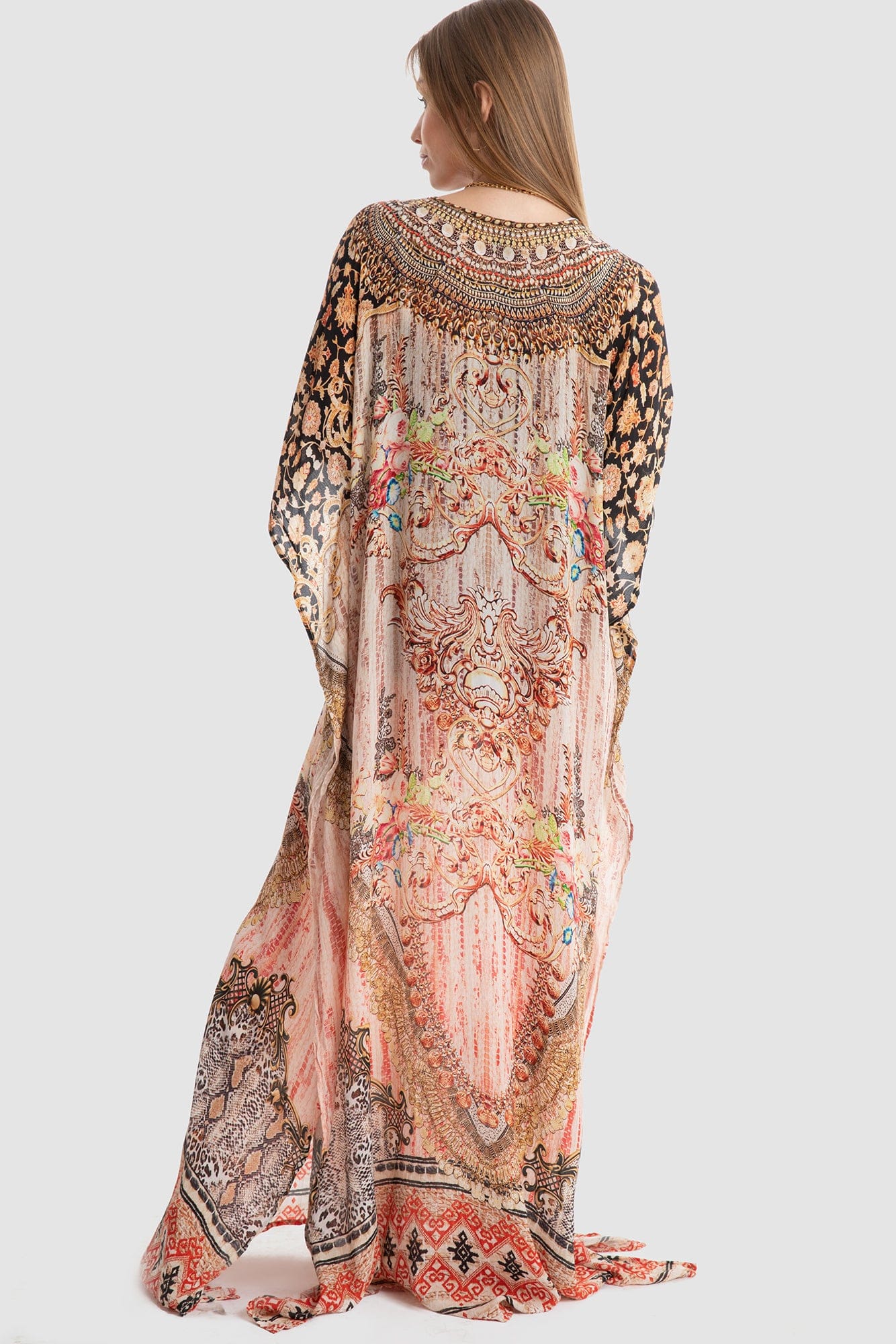 داليدرس قفطان منقوش واسع طويل نسائي وردي/أسود