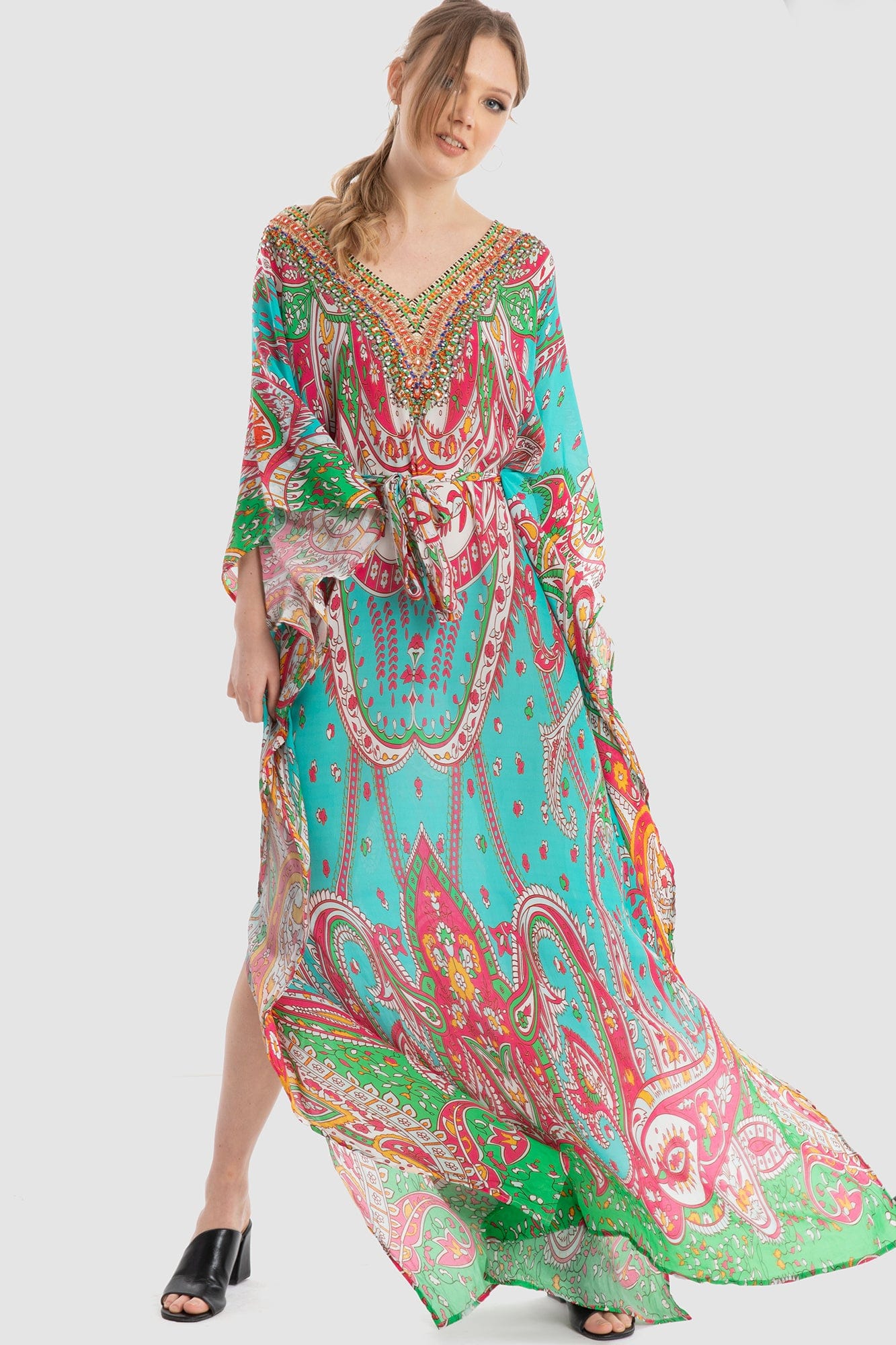 داليدرس قفطان منقوش واسع 3/4 كم برباط نسائي أكوا/برتقالي