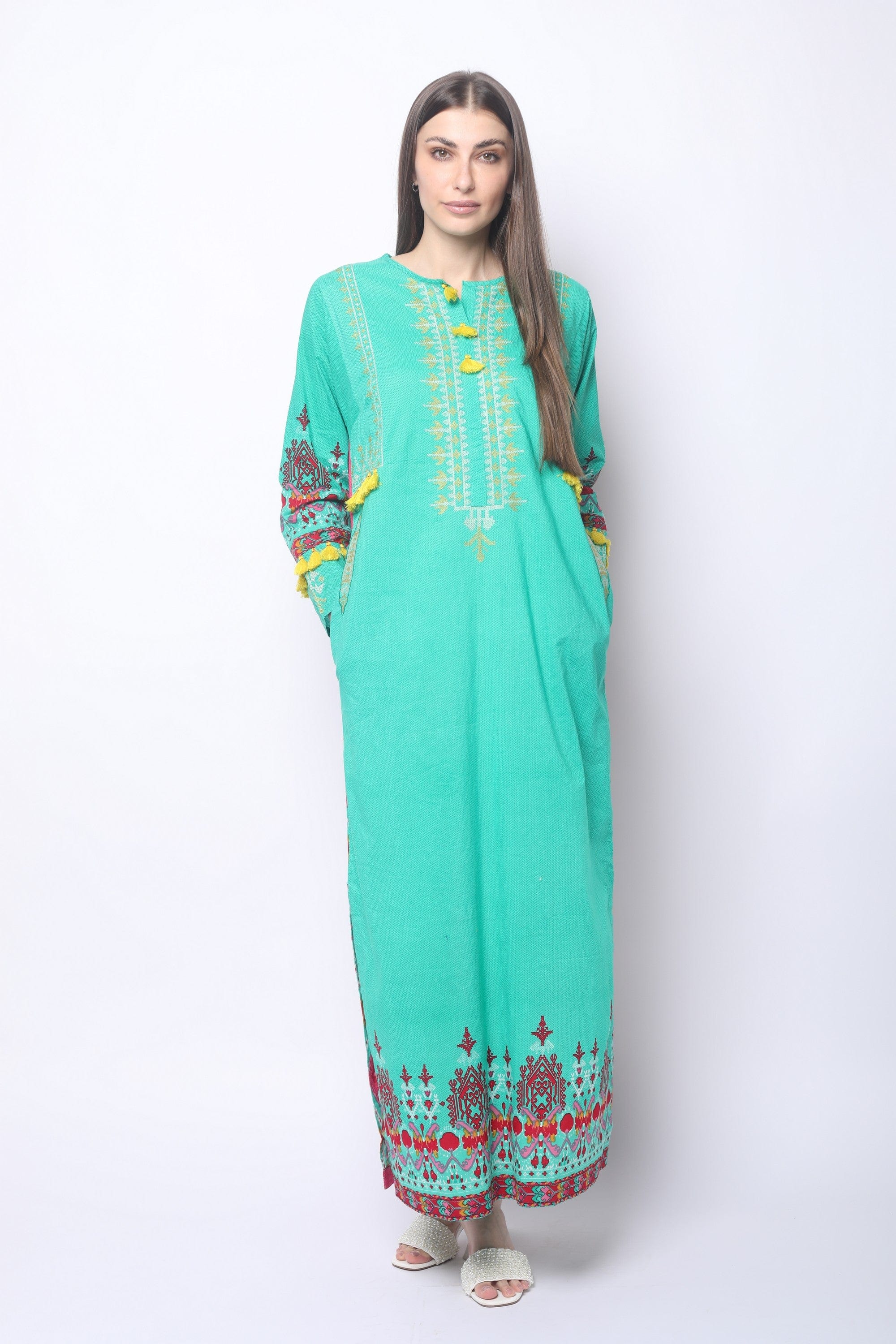 داليدرس قفطان منقوش مزين بكرات ملونة نسائي فوشيا/أخضر