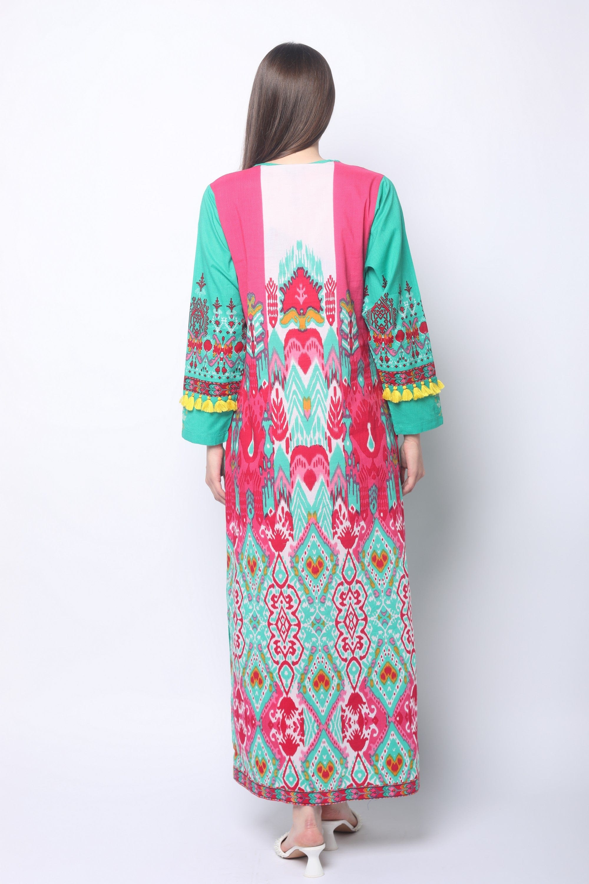 داليدرس قفطان منقوش مزين بكرات ملونة نسائي فوشيا/أخضر