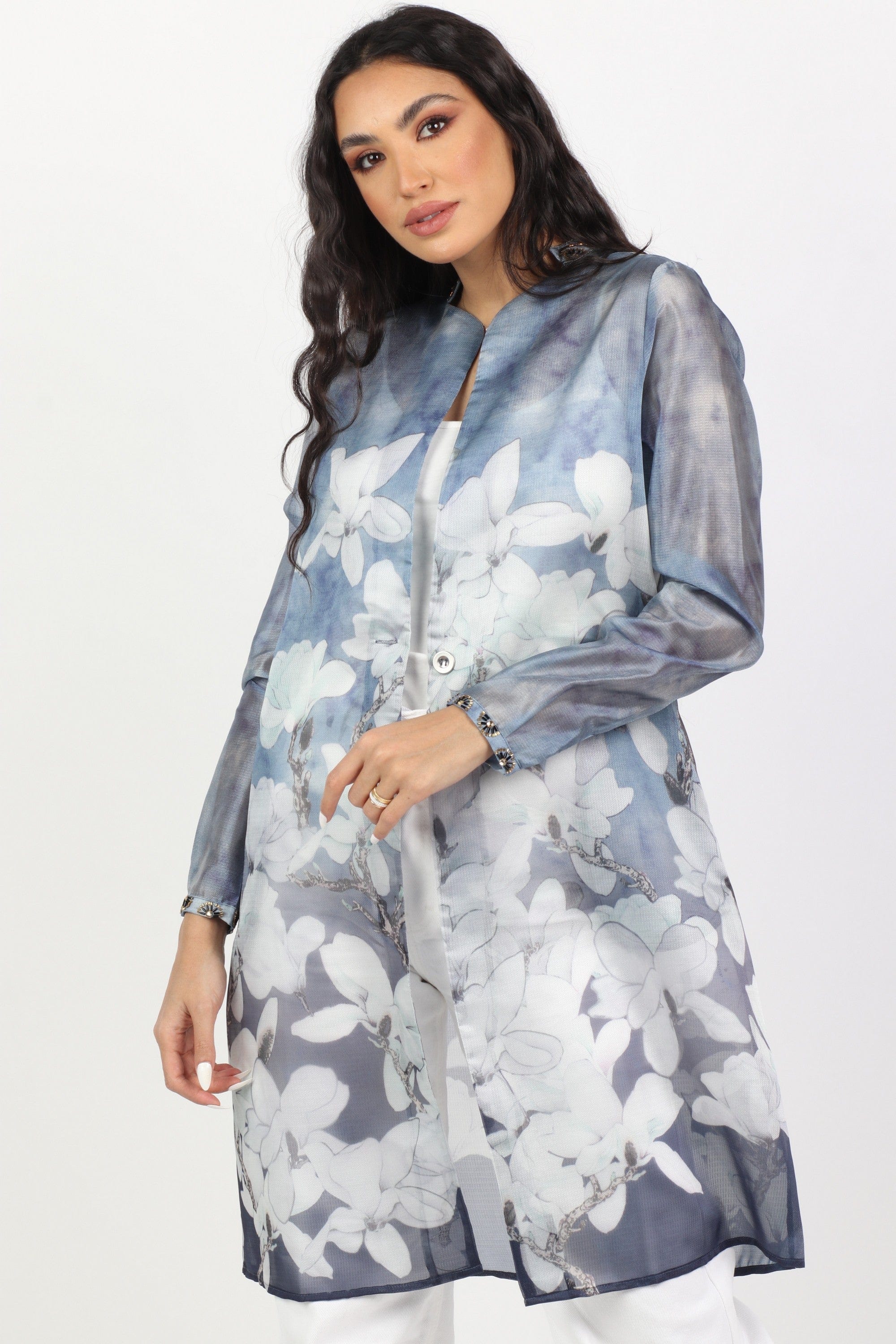 داليدرس فستان قصير ناعم مشجر كم طويل أزرق