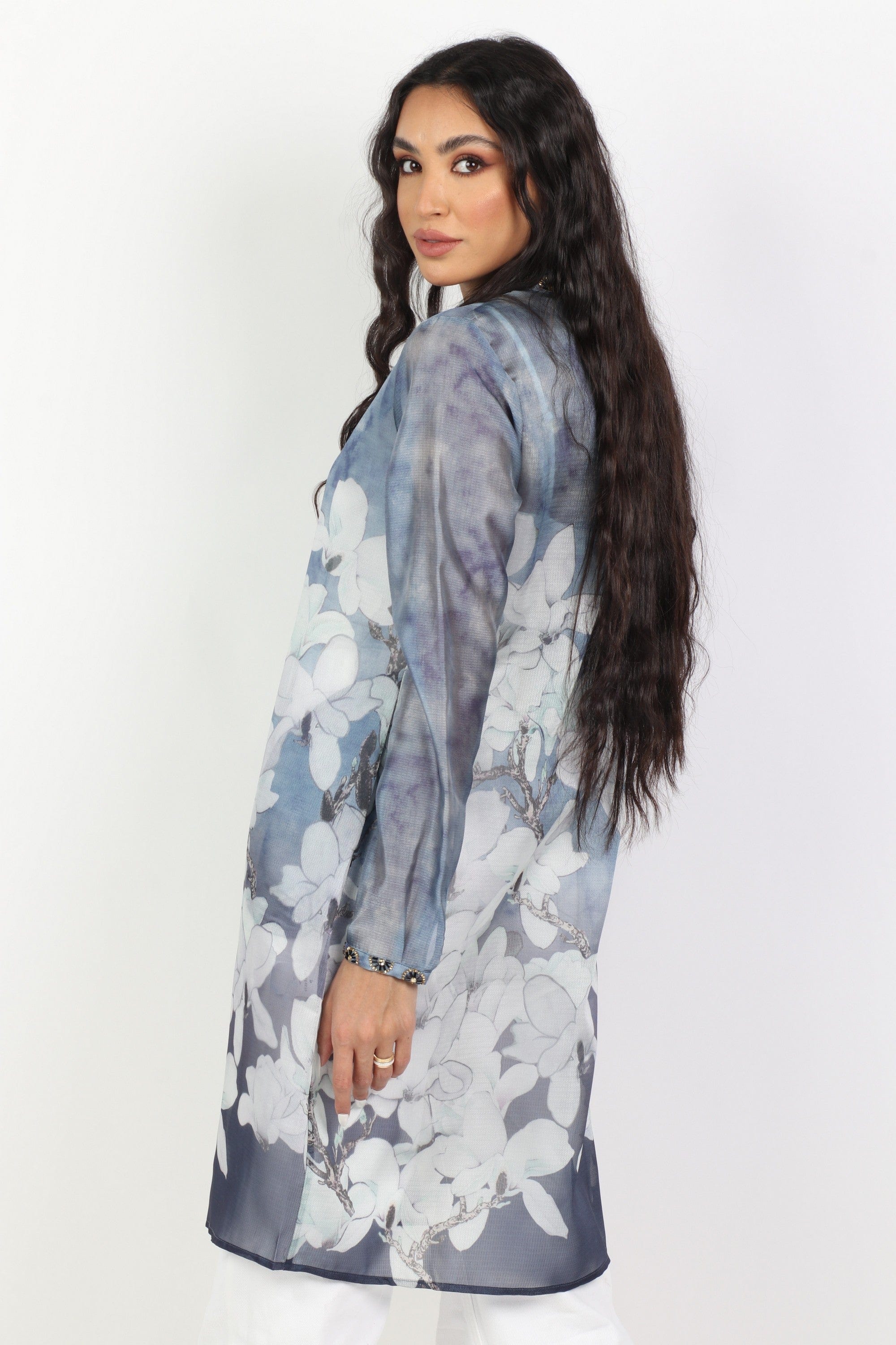 داليدرس فستان قصير ناعم مشجر كم طويل أزرق