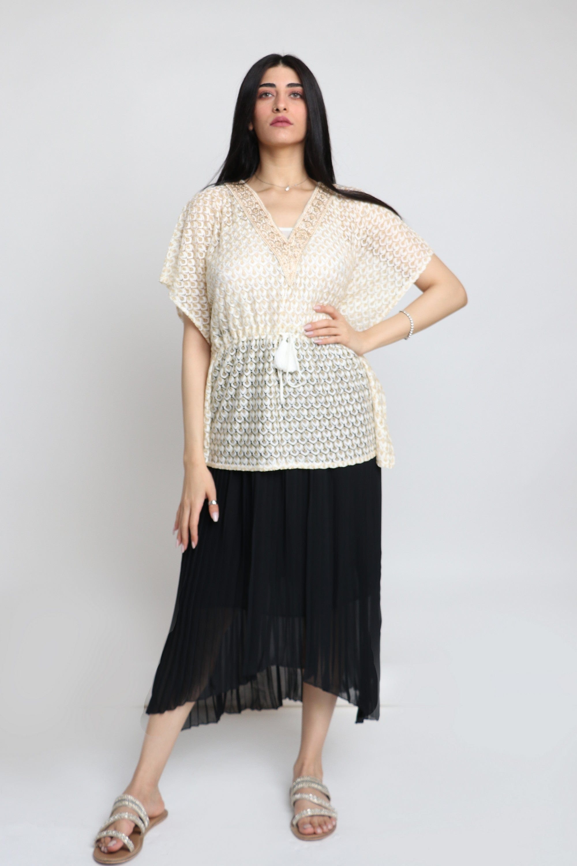 داليدرس قفطان مخصر نص كم مفتوح نسائي أوف وايت/ذهبي