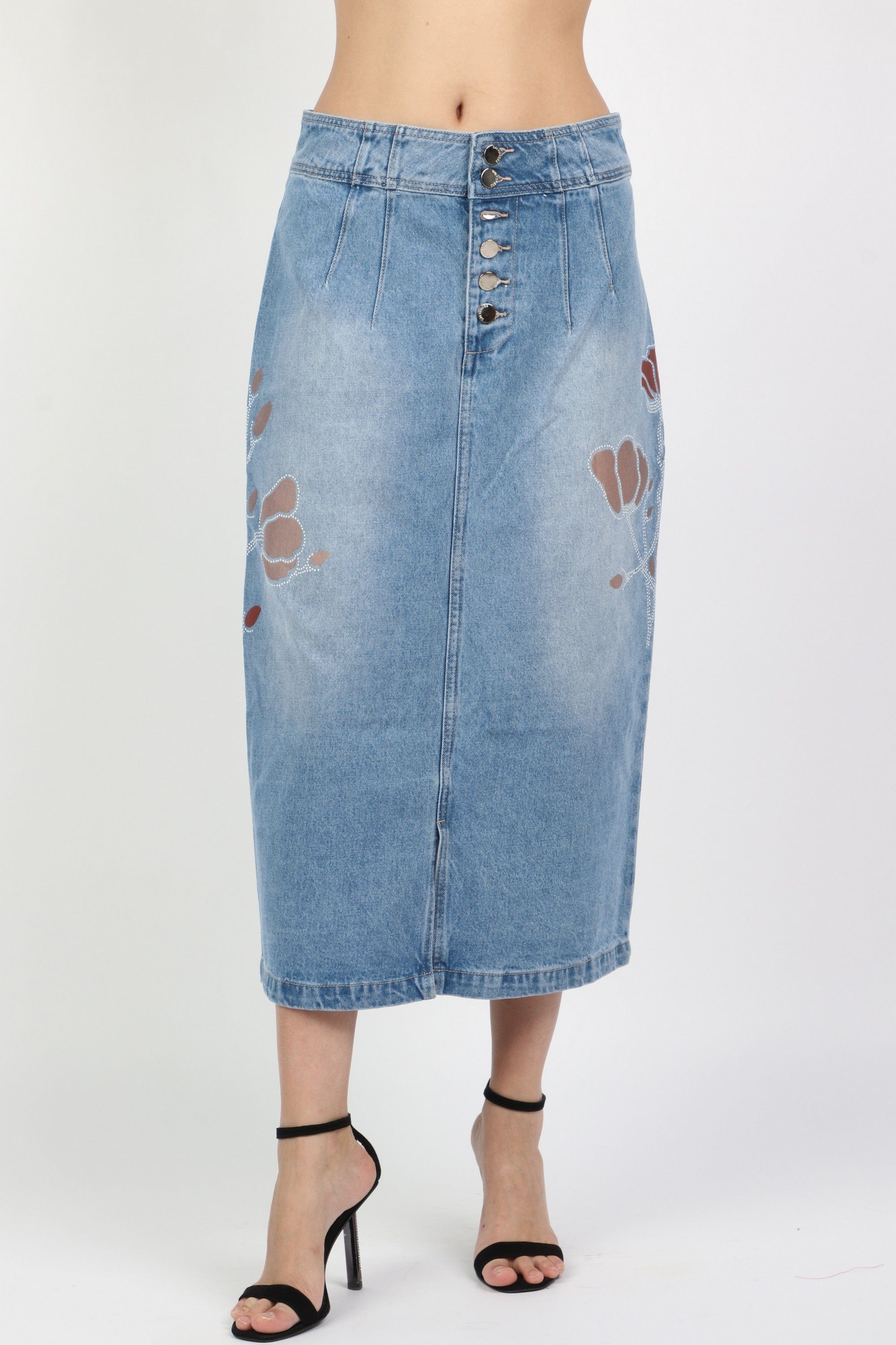 داليدرس تنورة ميدي جينز منقوش بأزرار أمامية نسائية أزرق فاتح