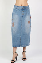 داليدرس تنورة ميدي جينز منقوش بأزرار أمامية نسائية أزرق فاتح