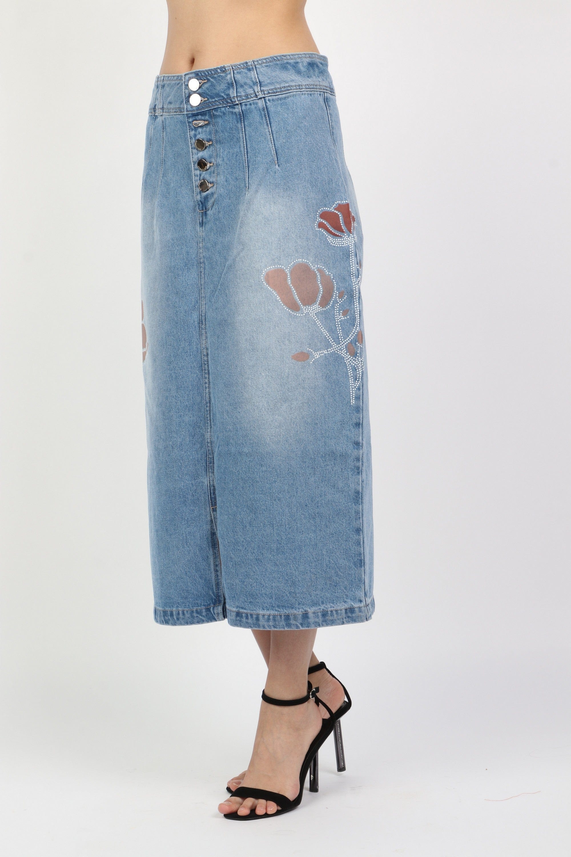 داليدرس تنورة ميدي جينز منقوش بأزرار أمامية نسائية أزرق فاتح