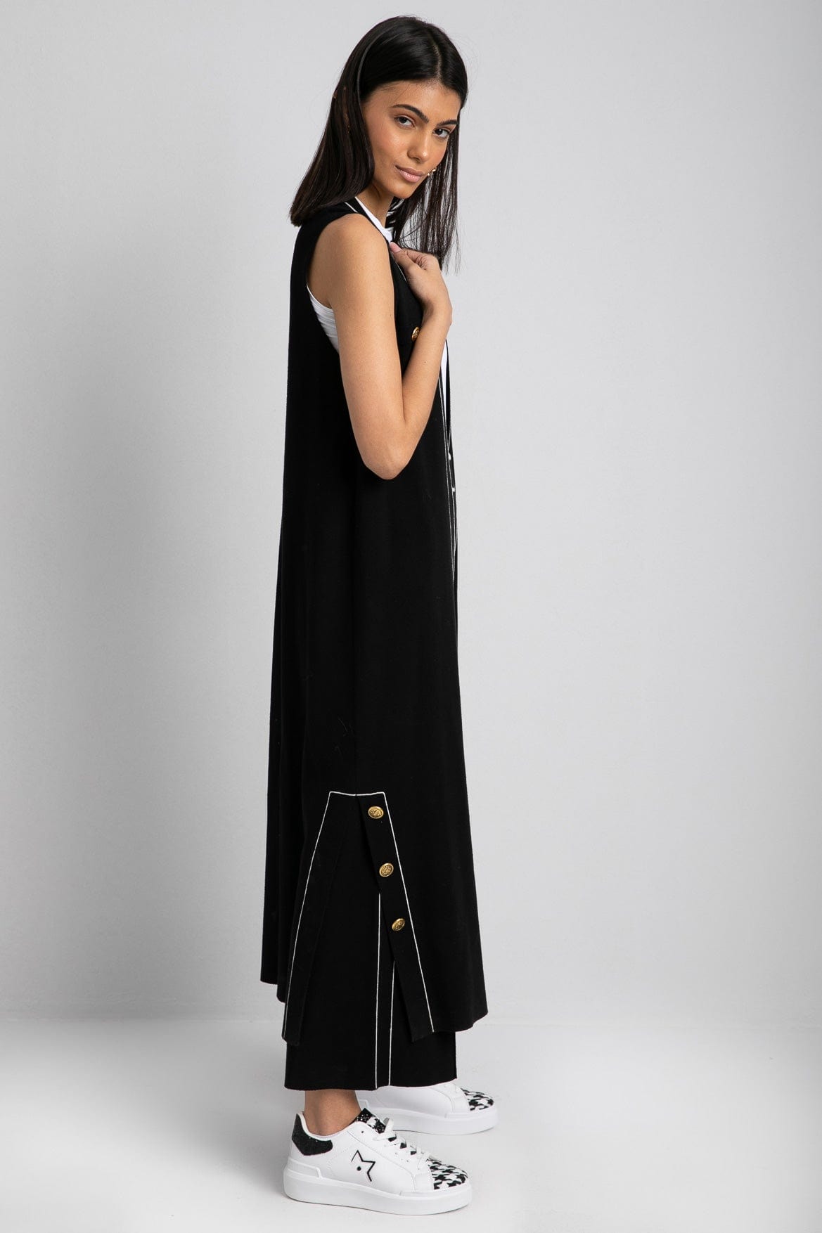 داليدرس فيست طويل محبوك سادة بلا أكمام أسود/أبيض