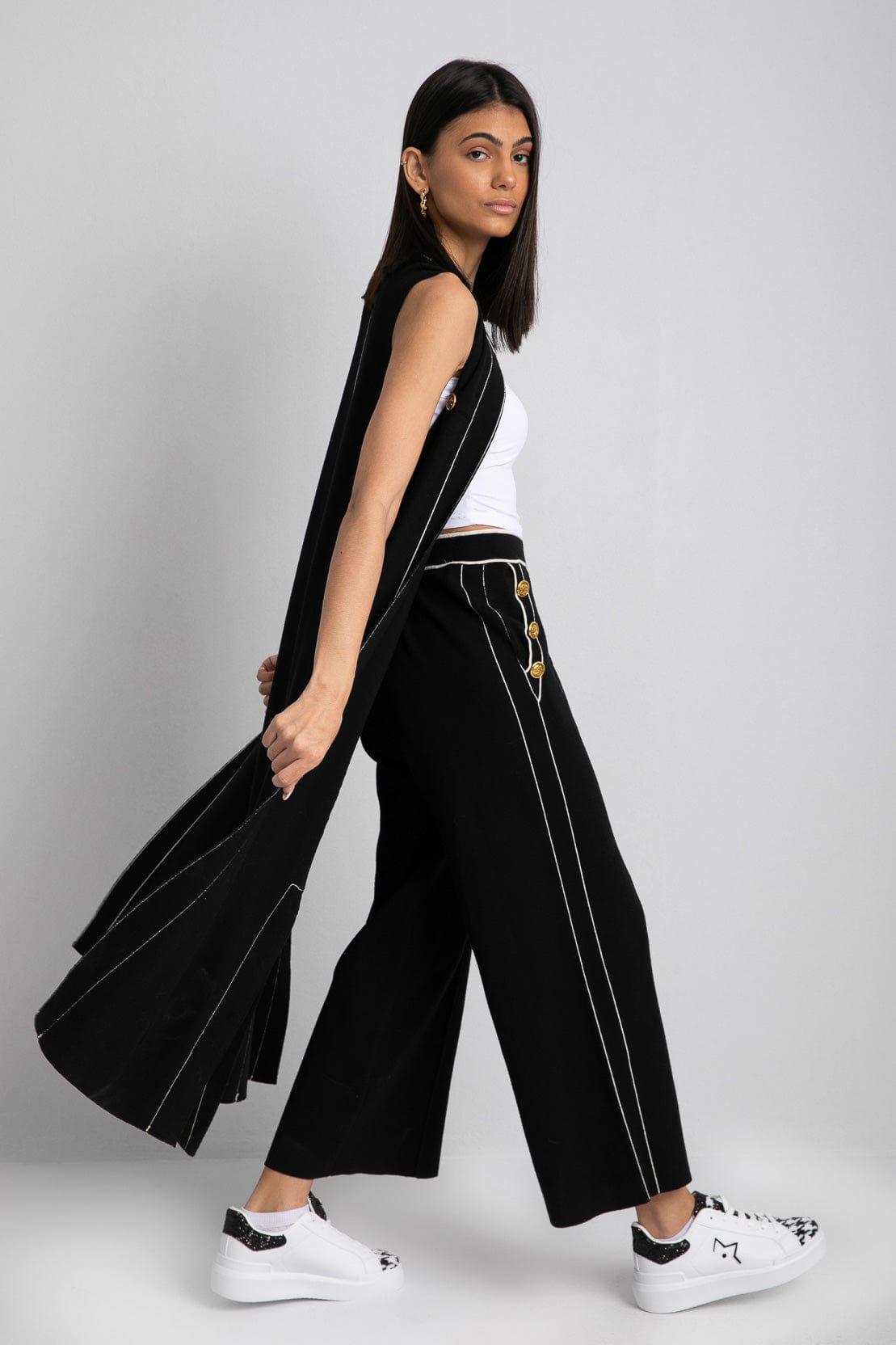 داليدرس فيست طويل محبوك سادة بلا أكمام أسود/أبيض