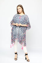 داليدرس كيمونو منقوش مزين بالخيط من أسفل كم مفتوح أزرق داكن