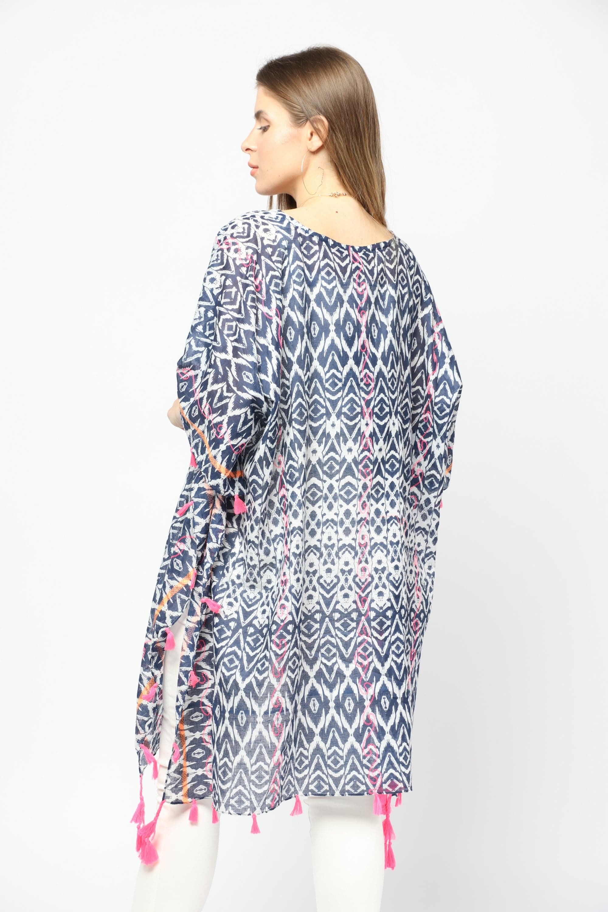 داليدرس كيمونو منقوش مزين بالخيط من أسفل كم مفتوح أزرق داكن