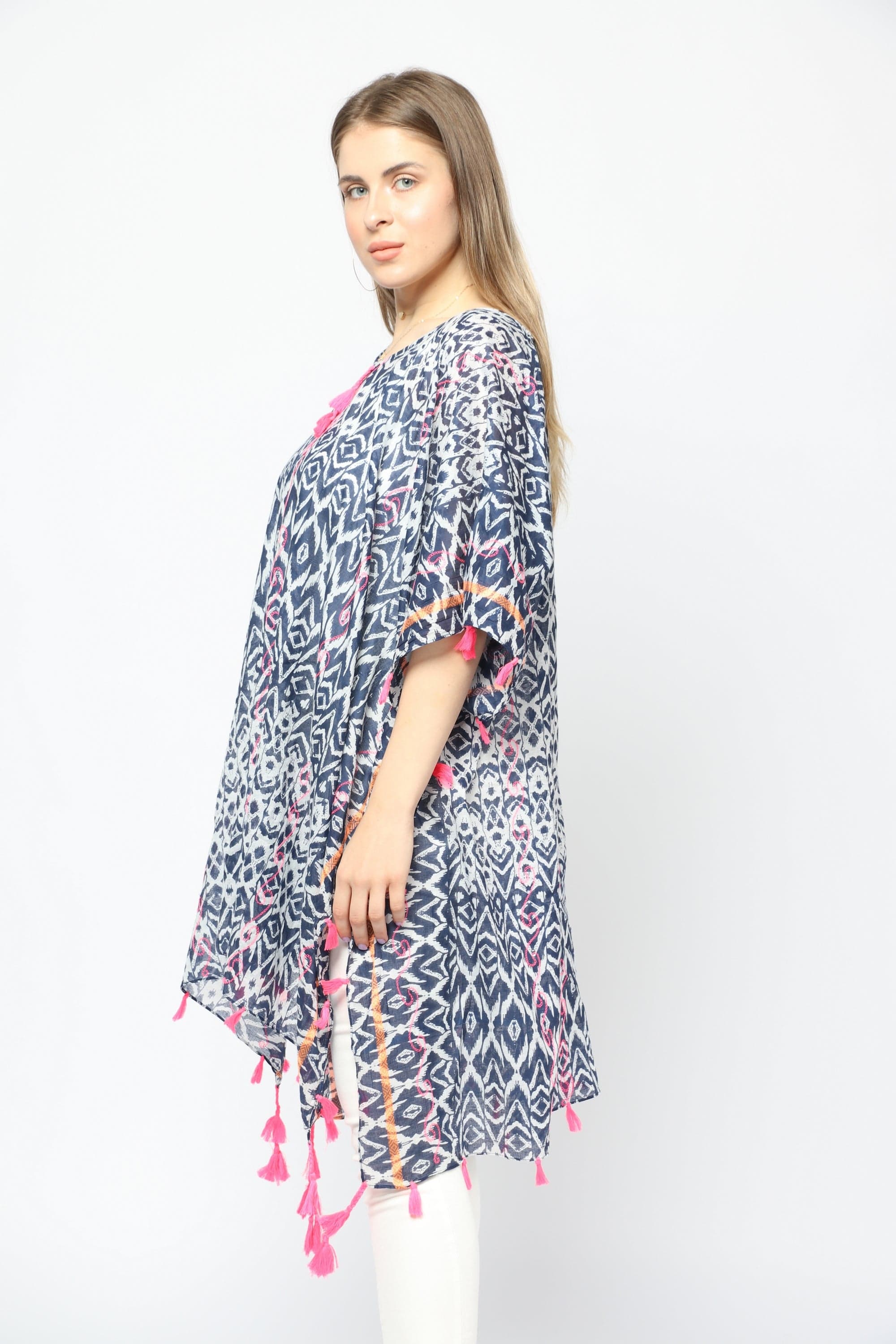 داليدرس كيمونو منقوش مزين بالخيط من أسفل كم مفتوح أزرق داكن