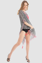 داليدرس كيمونو بنمط مخطط نص كم مفتوح نسائي مزين بالخيط أسود/فوشيا