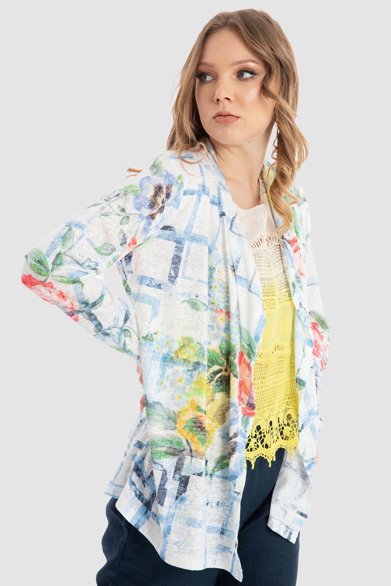 داليدرس كارديجان بنقشة موردة كم طويل نسائي متعدد الألوان