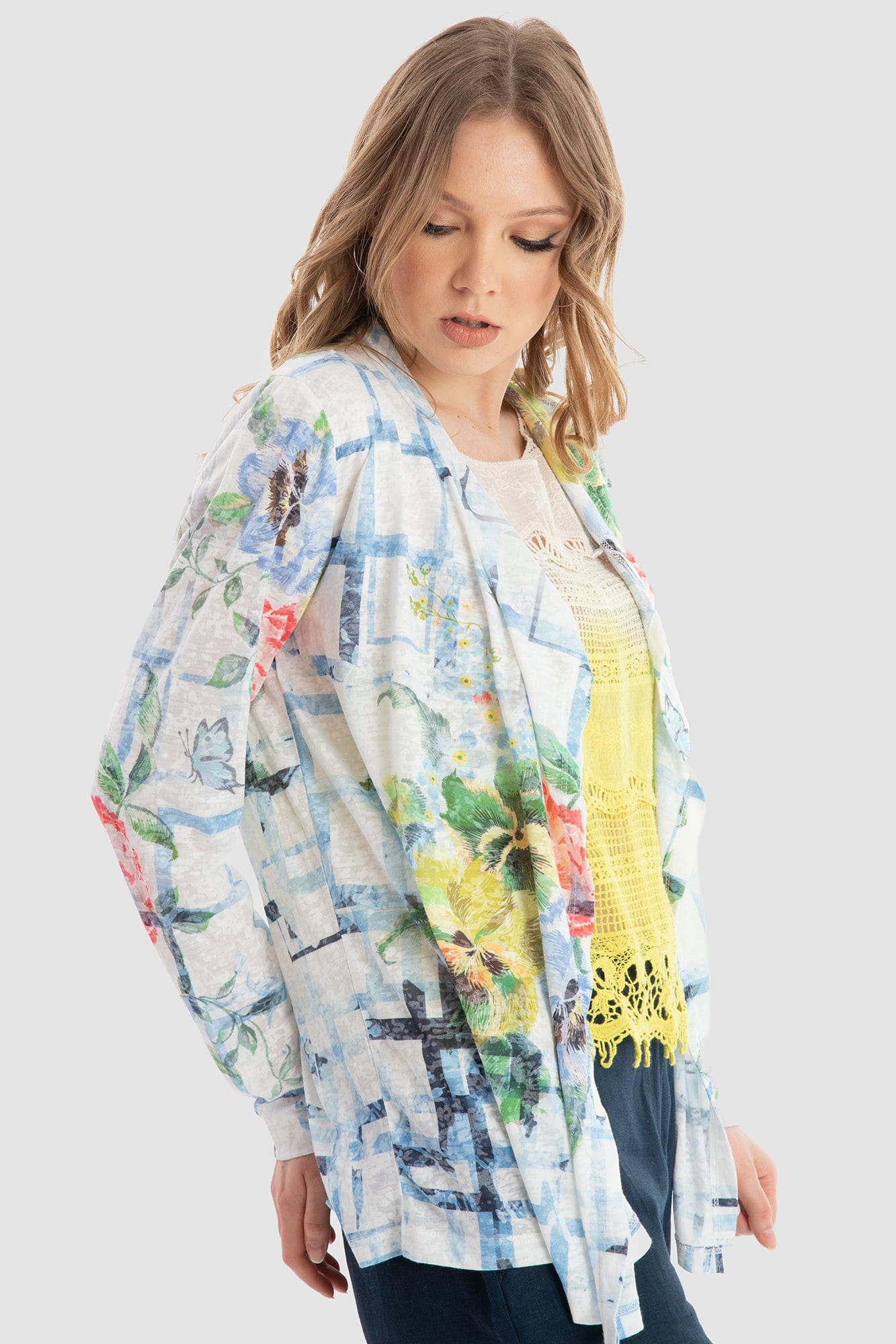 داليدرس كارديجان بنقشة موردة كم طويل نسائي متعدد الألوان