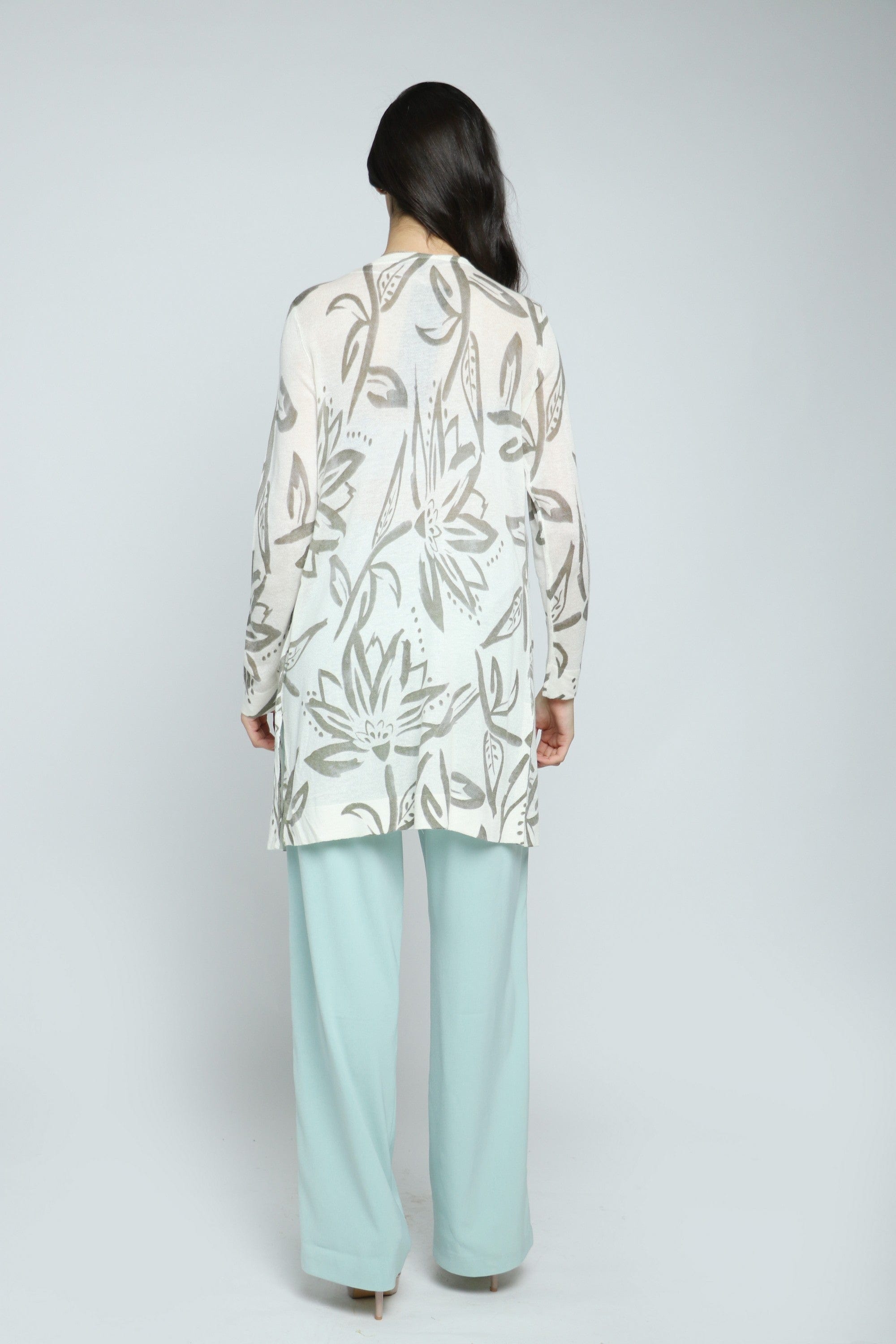 داليدرس كارديجان منقوش بنقشة شجر نسائي كم طويل نسائي أوف وايت/أخضر