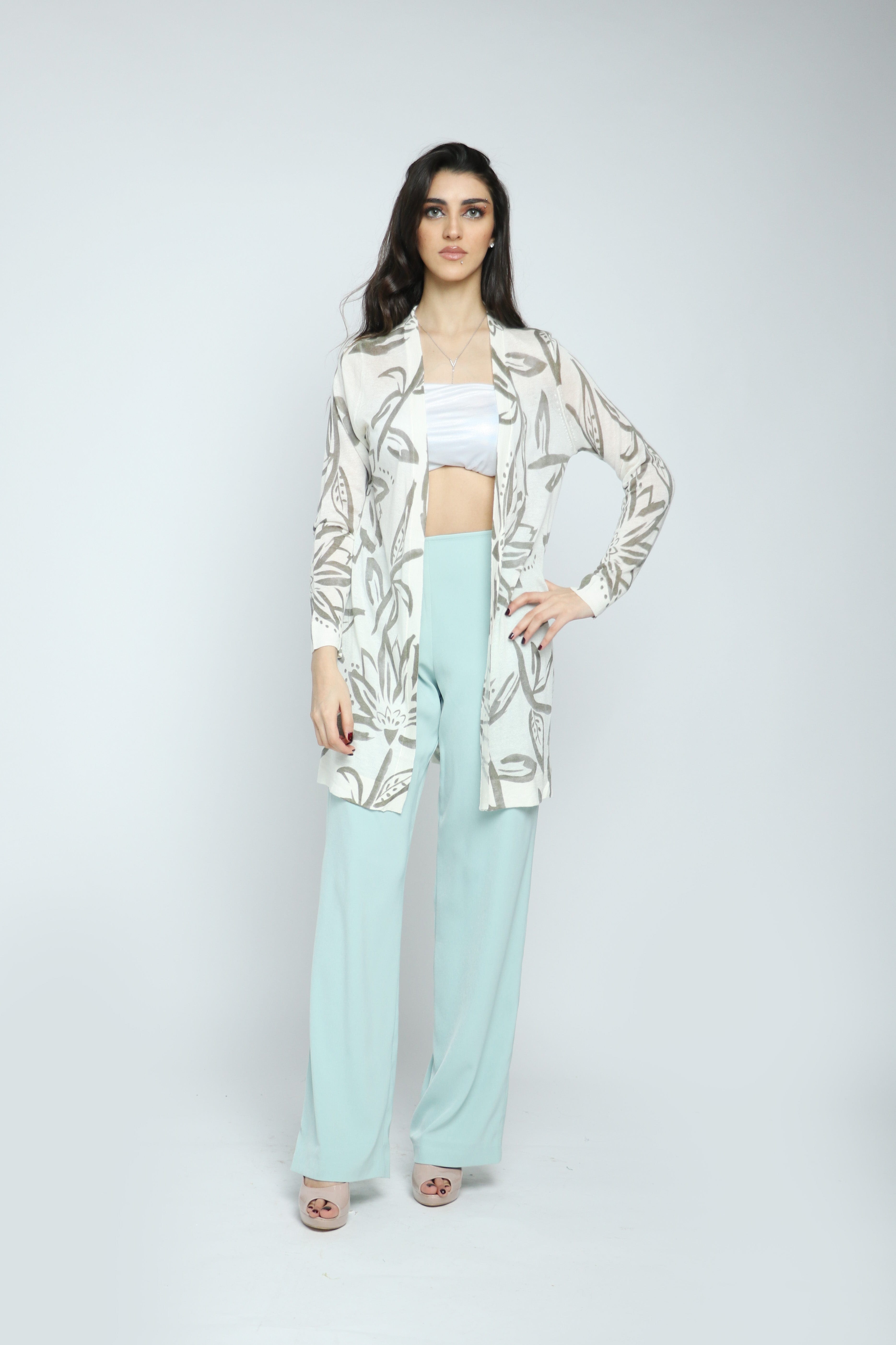 داليدرس كارديجان منقوش بنقشة شجر نسائي كم طويل نسائي أوف وايت/أخضر