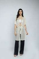 داليدرس كارديجان نص كم شفاف طويل نسائي أوف وايت/ذهبي