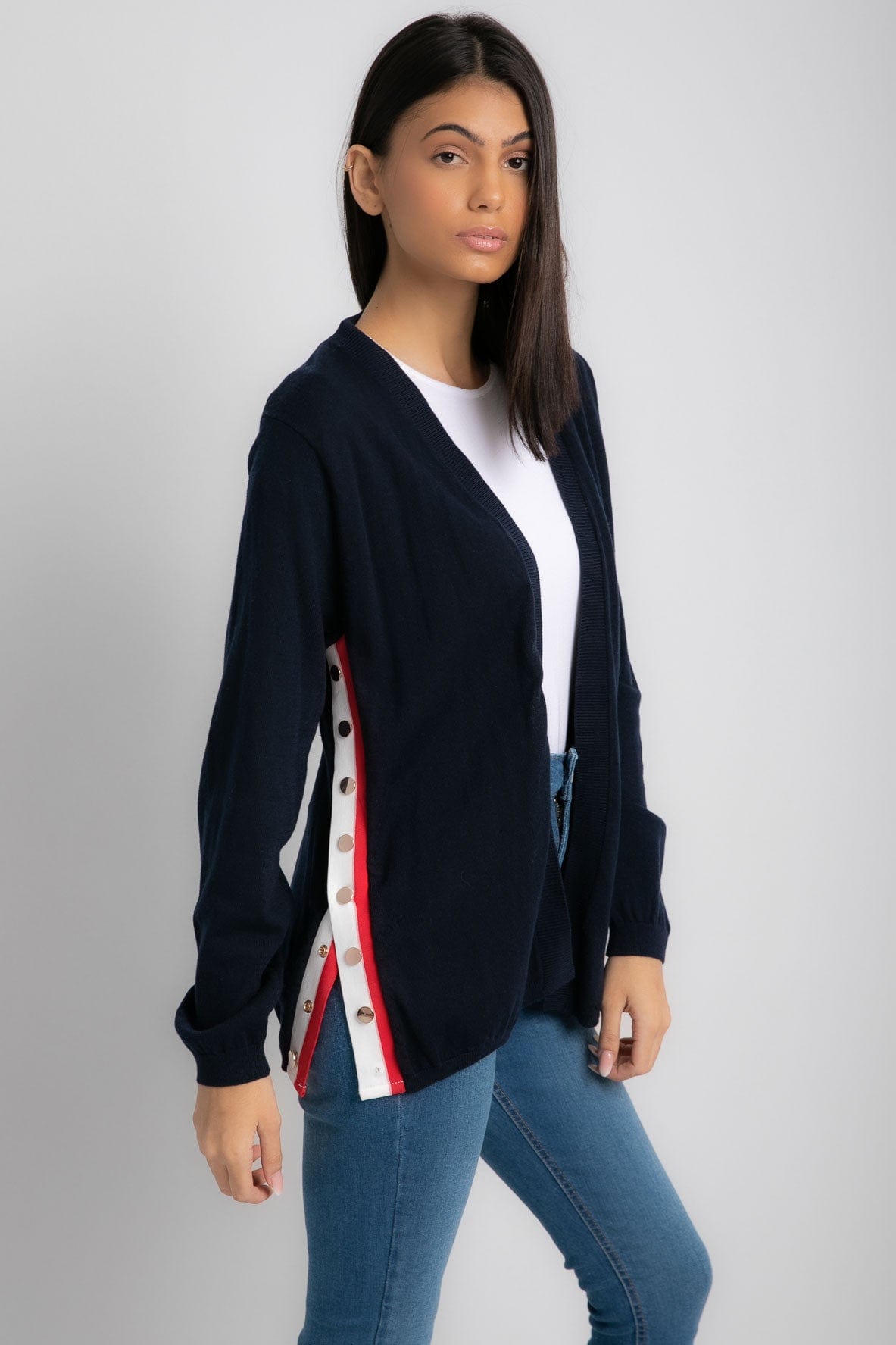 داليدرس كارديجان طويل سادة بخط لون مختلف نسائي أزرق داكن