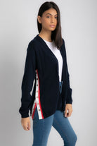 داليدرس كارديجان طويل سادة بخط لون مختلف نسائي أزرق داكن