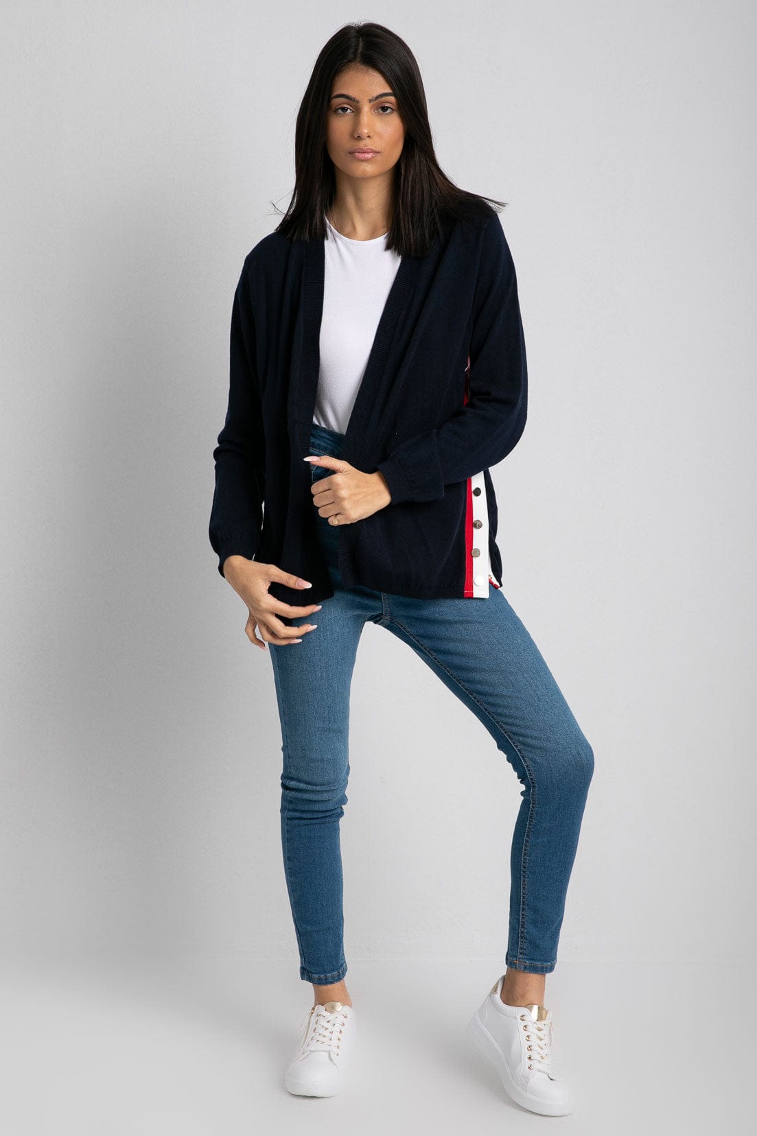 داليدرس كارديجان طويل سادة بخط لون مختلف نسائي أزرق داكن