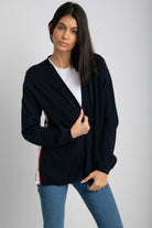 داليدرس كارديجان طويل سادة بخط لون مختلف نسائي أزرق داكن