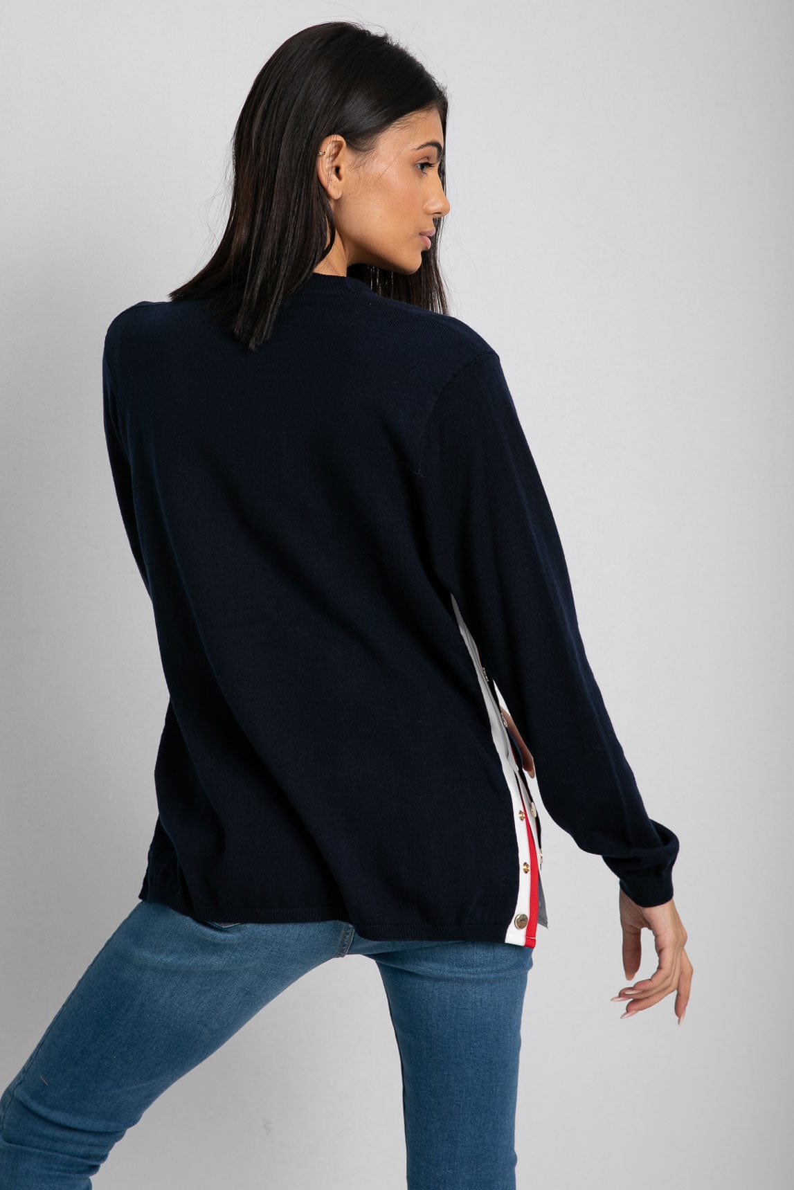 داليدرس كارديجان طويل سادة بخط لون مختلف نسائي أزرق داكن