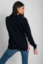 داليدرس كارديجان طويل سادة بخط لون مختلف نسائي أزرق داكن