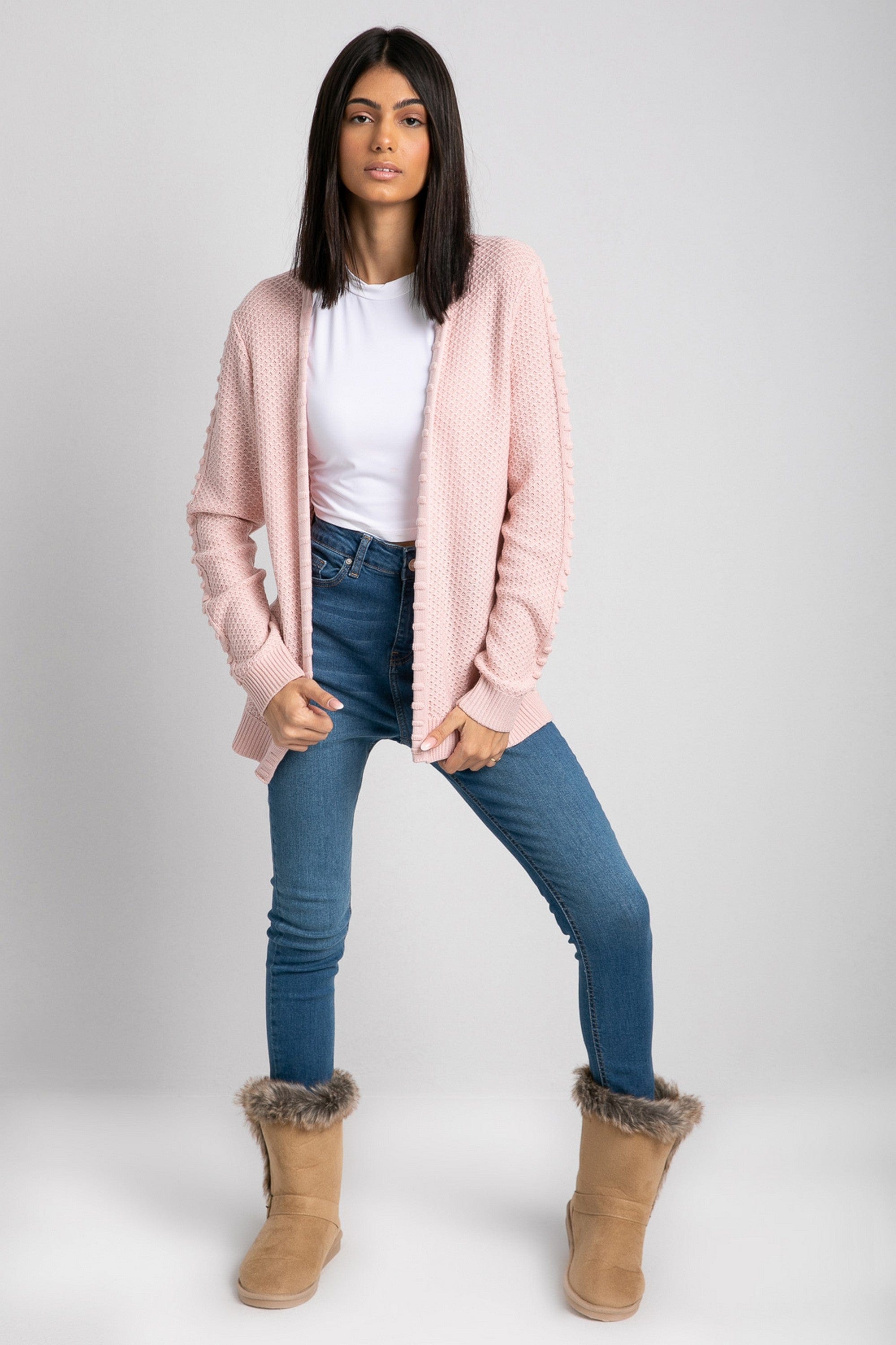 داليدرس كارديجان مضفر كم طويل مفتوح نسائي وردي