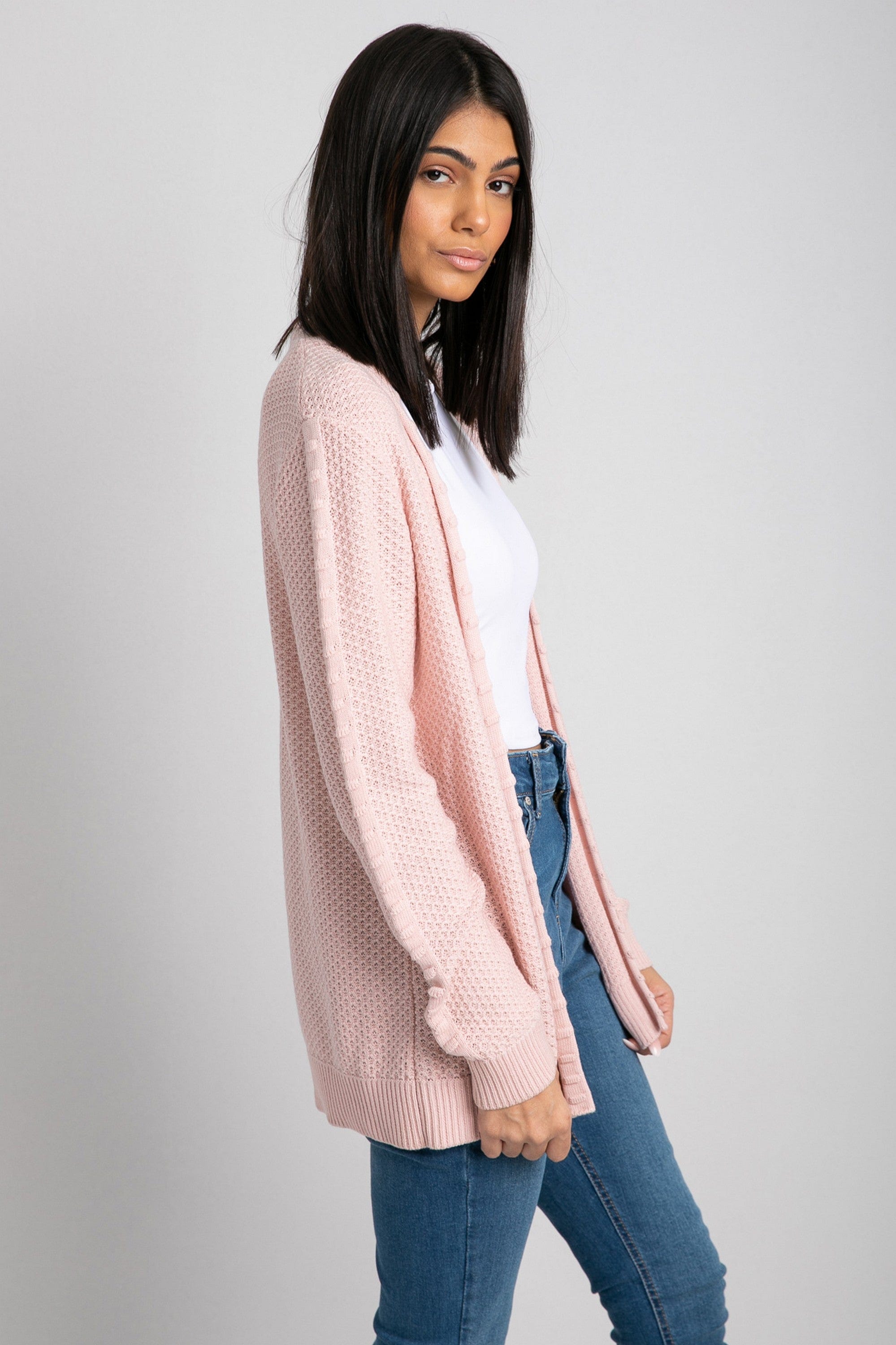 داليدرس كارديجان مضفر كم طويل مفتوح نسائي وردي