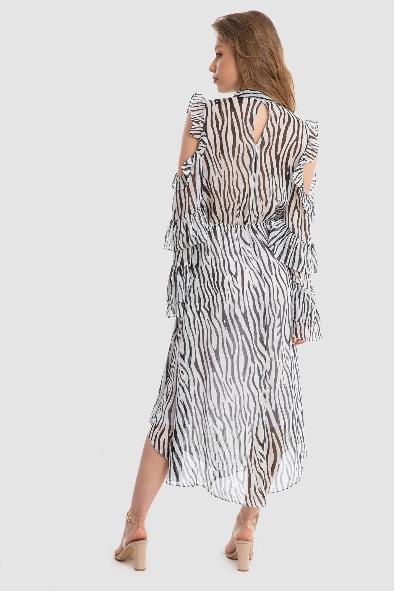 داليدرس فستان طويل دانتيل بنمط ورود كم طويل ميدي نسائي طباعة حمار وحشي