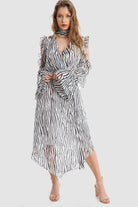 داليدرس فستان طويل دانتيل بنمط ورود كم طويل ميدي نسائي طباعة حمار وحشي