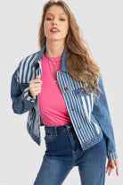 داليدرس جاكيت جينز مخطط بالطول بجيوب كم طويل نسائي أزرق