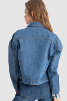 داليدرس جاكيت جينز مخطط بالطول بجيوب كم طويل نسائي أزرق