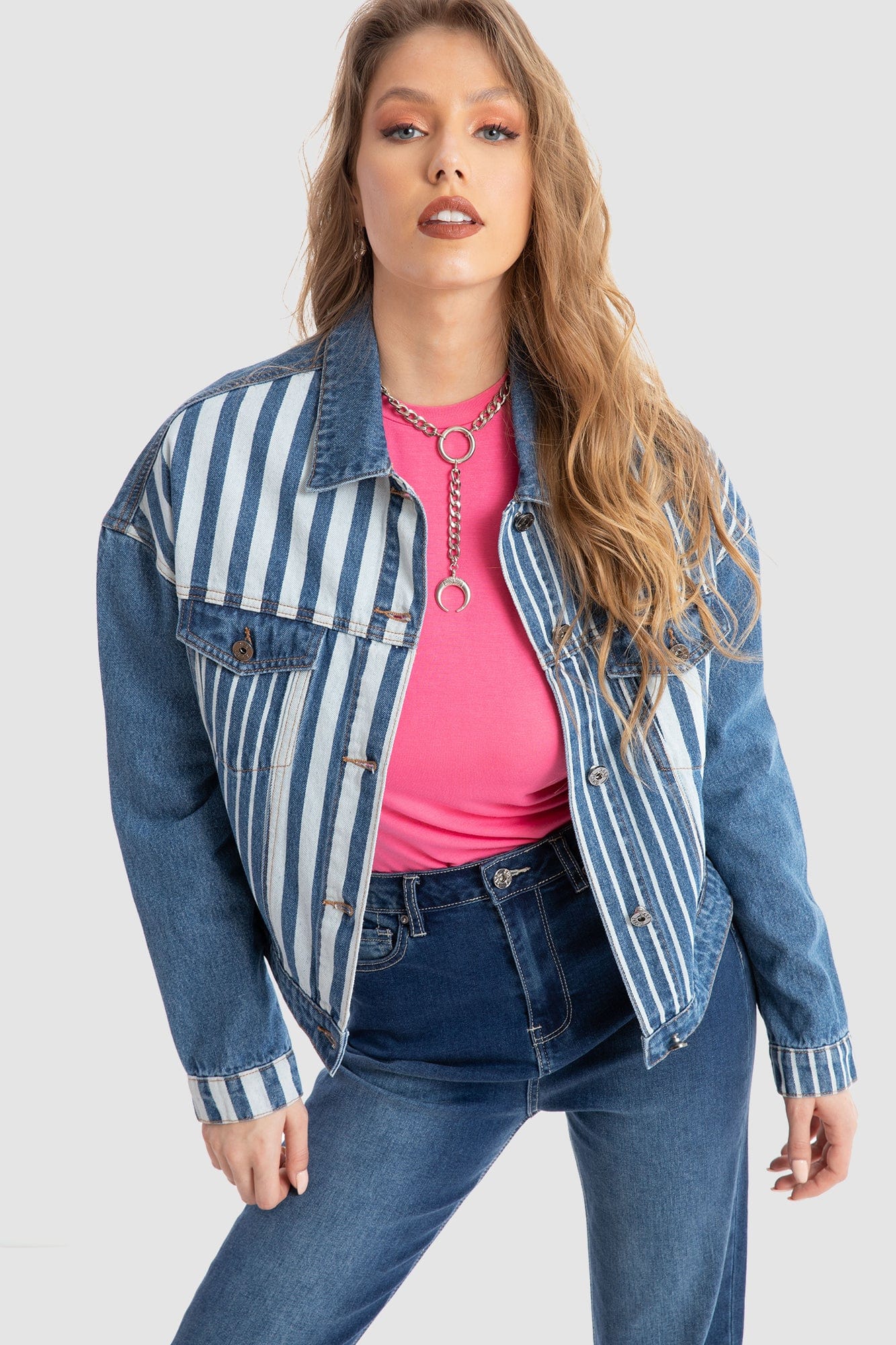 داليدرس جاكيت جينز مخطط بالطول بجيوب كم طويل نسائي أزرق