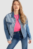 داليدرس جاكيت جينز مخطط بالطول بجيوب كم طويل نسائي أزرق