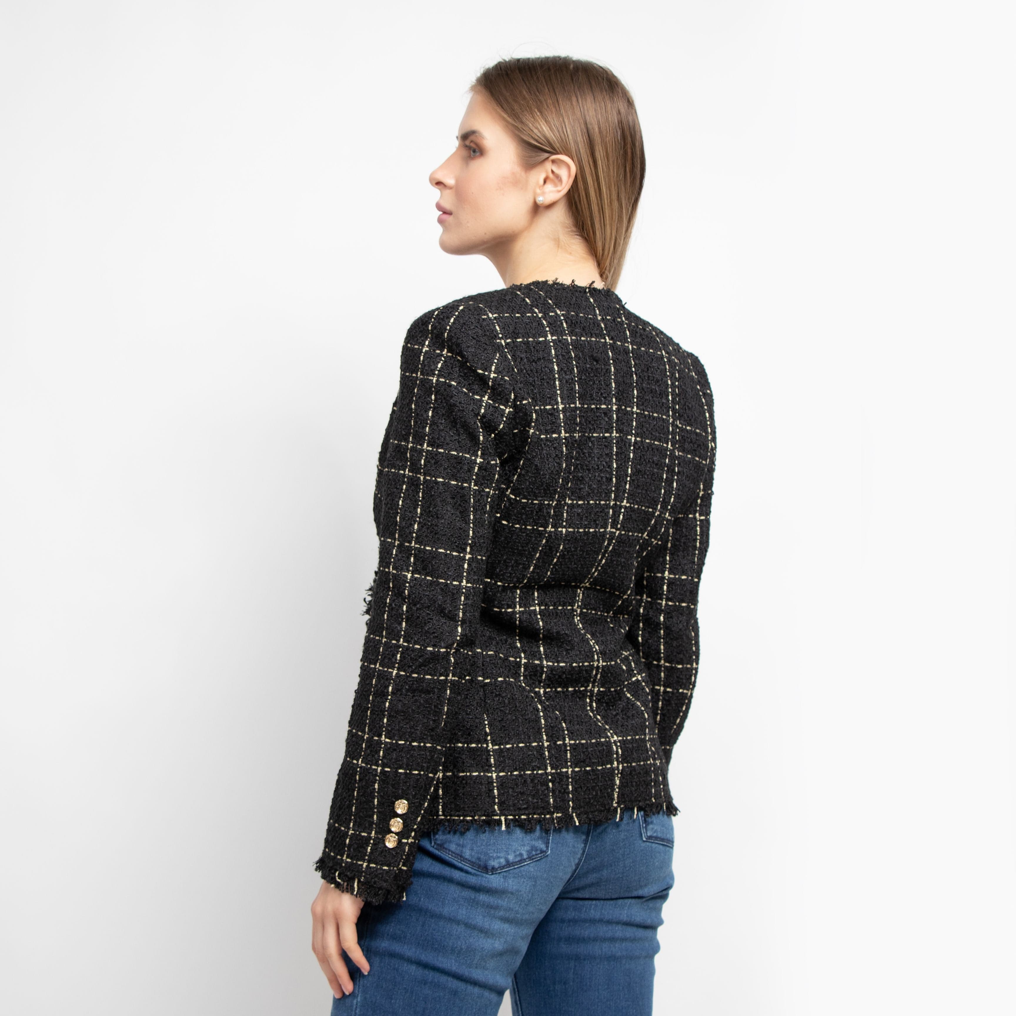 داليدرس جاكيت مربعات بأزرار أمامية ذهبية كم طويل نسائي أسود/ذهبي