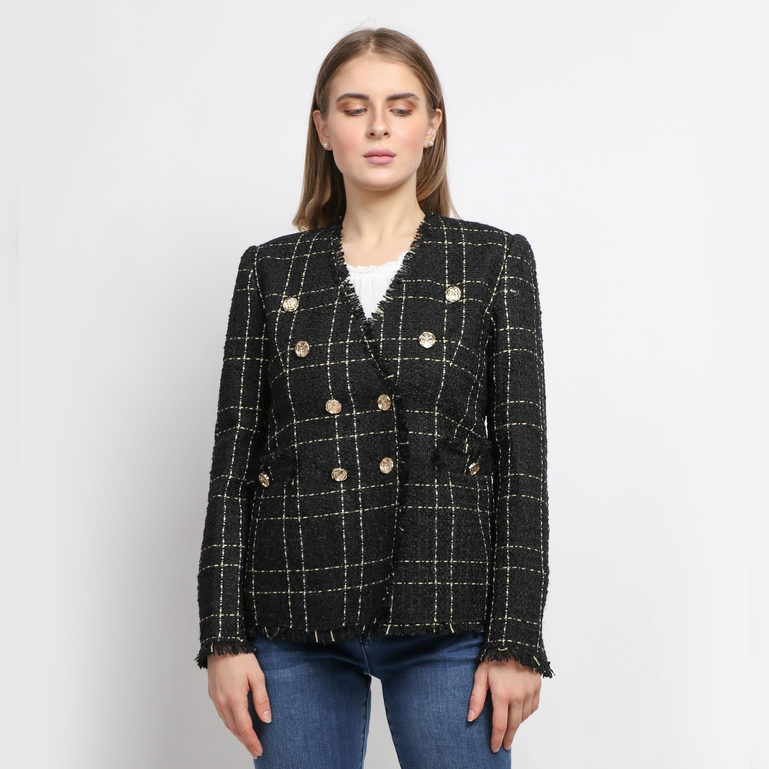 داليدرس جاكيت مربعات بأزرار أمامية ذهبية كم طويل نسائي أسود/ذهبي