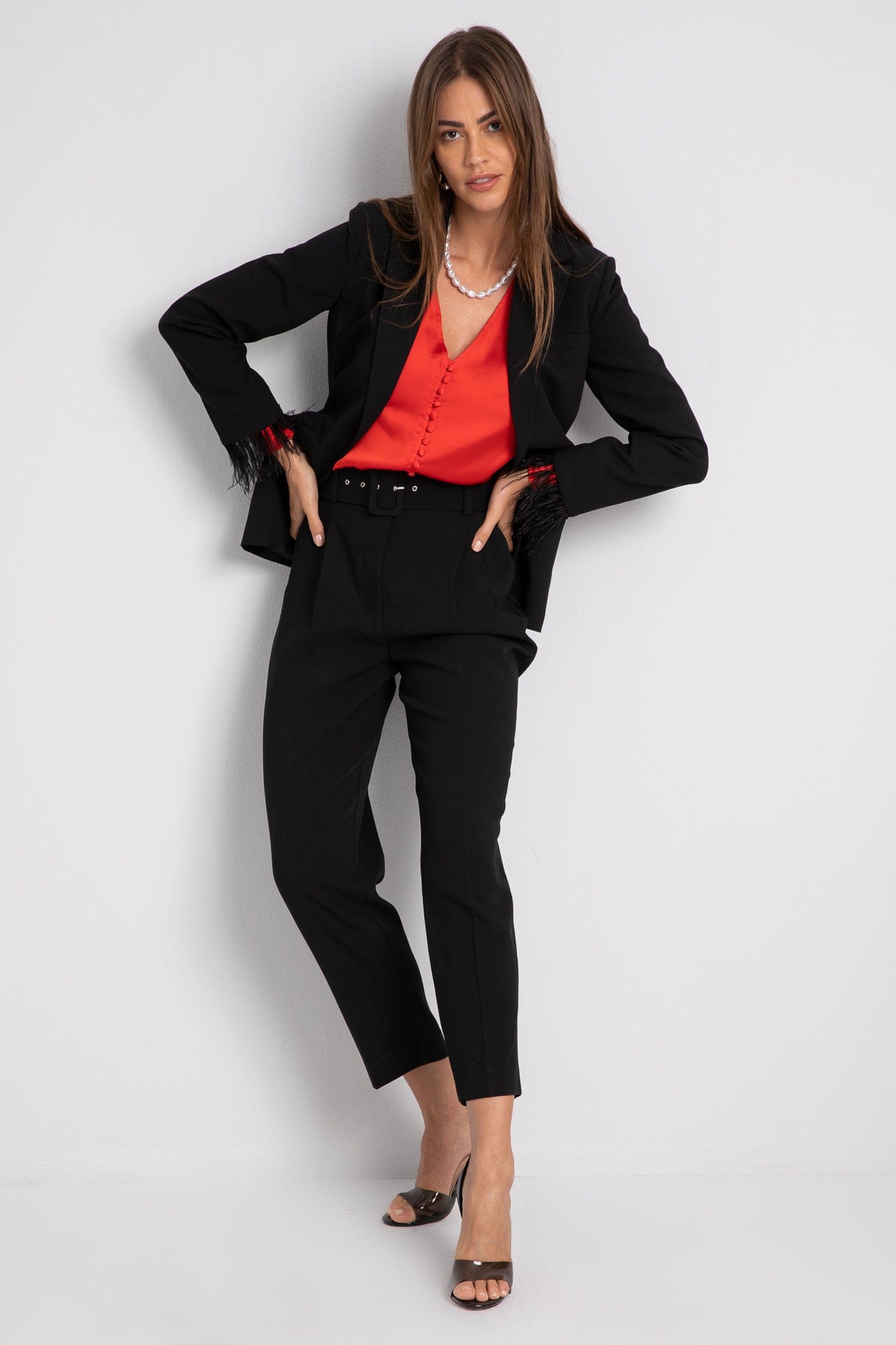 داليدرس جاكيت رسمي بزرار أمامي مزين بالريش أسود