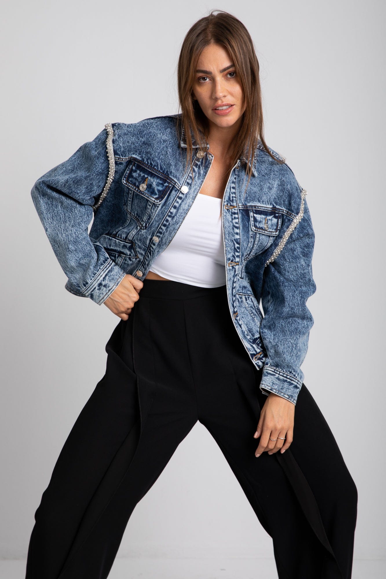 داليدرس جاكيت قصير أوفر سايز جينز كم طويل نسائي أزرق