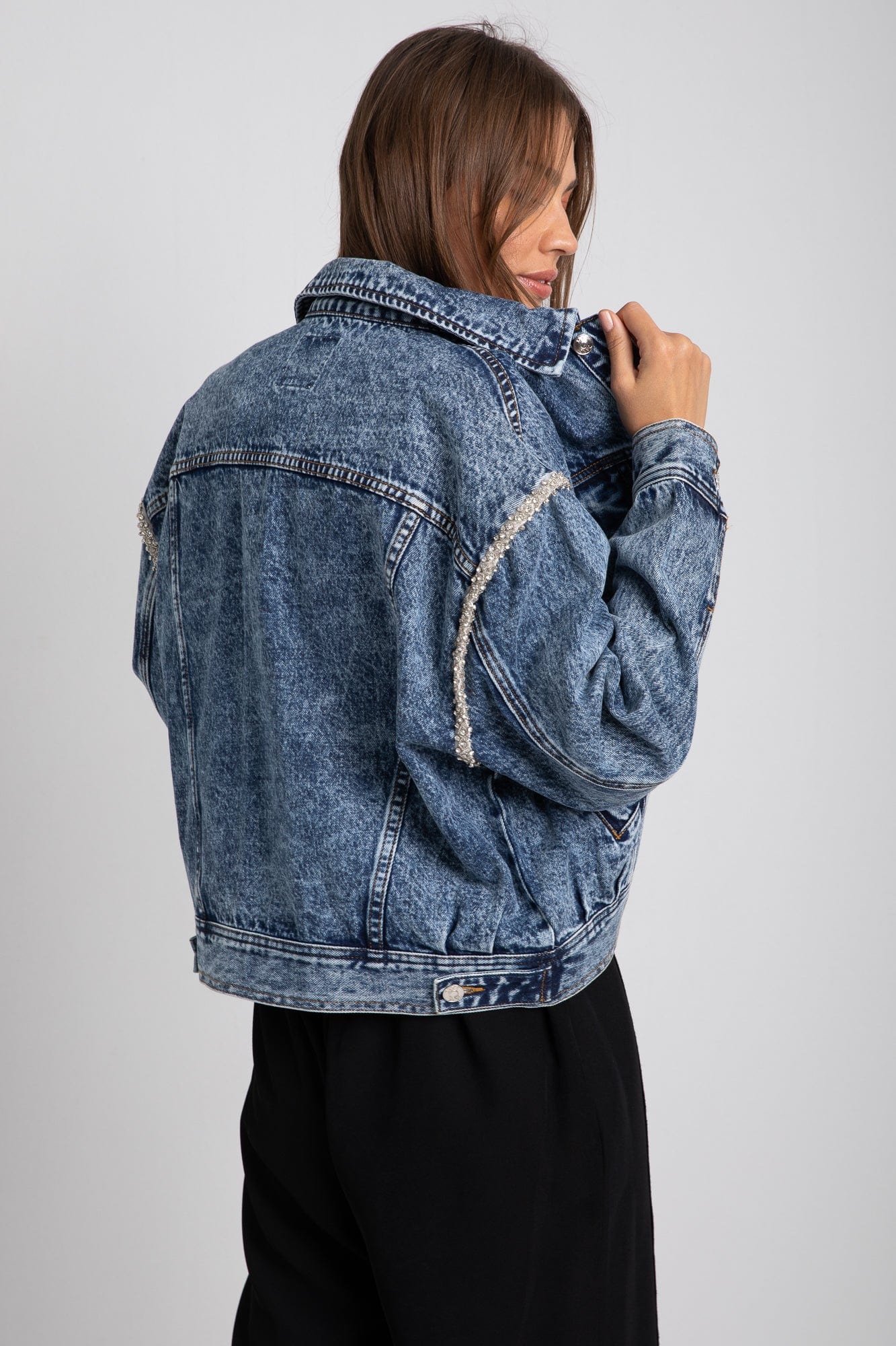 داليدرس جاكيت قصير أوفر سايز جينز كم طويل نسائي أزرق