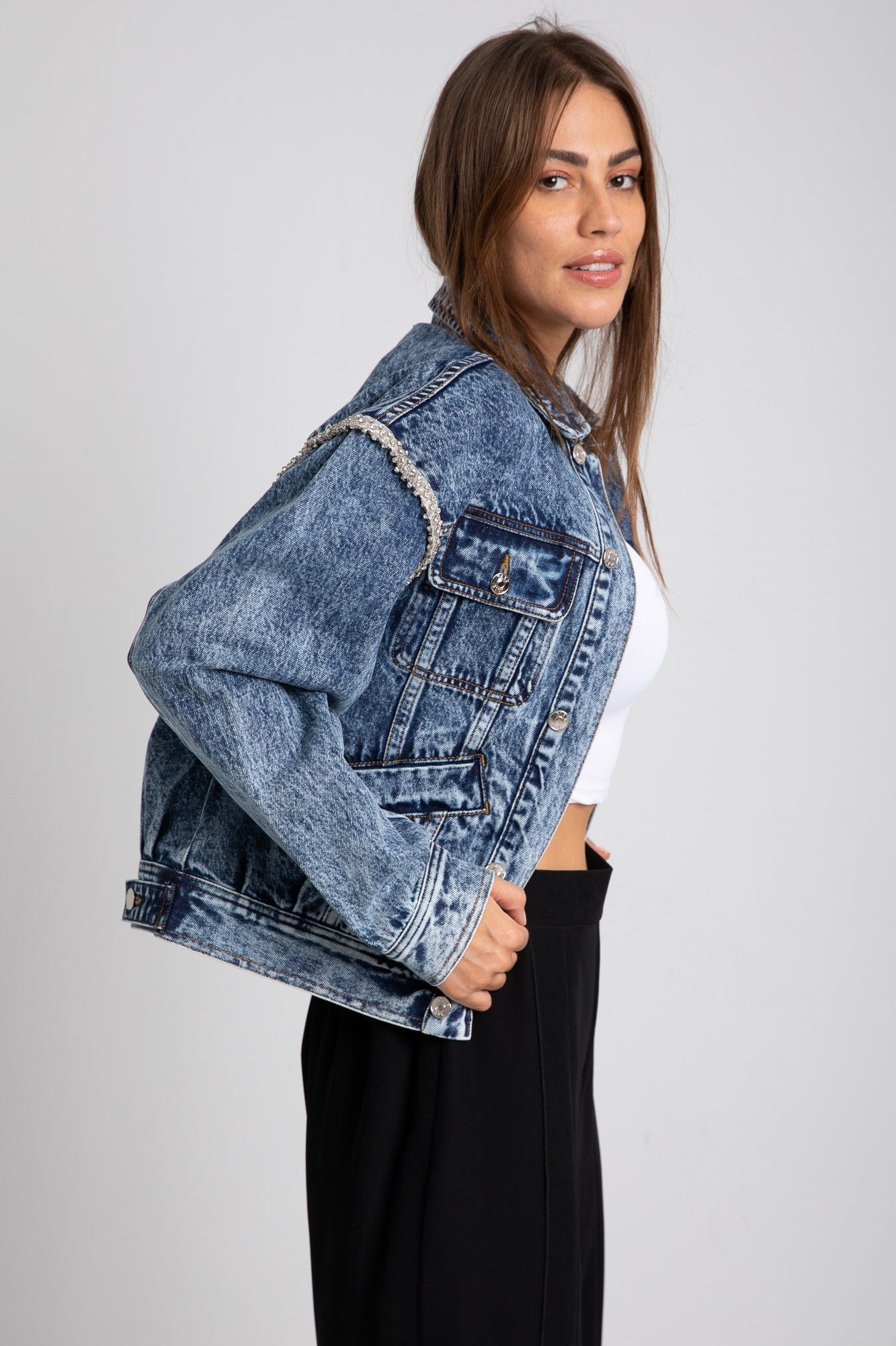 داليدرس جاكيت قصير أوفر سايز جينز كم طويل نسائي أزرق