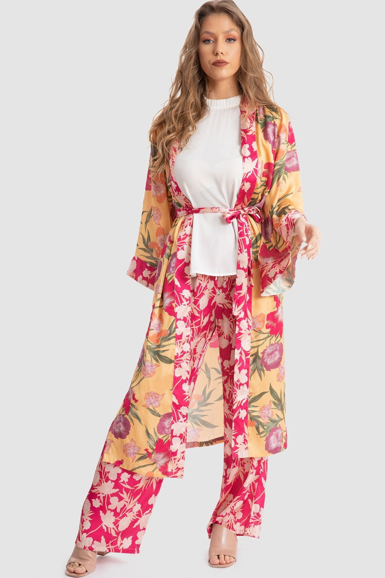 داليدرس كيمونو منقوشة برباط على الخصر كم طويل نسائي طباعة الزهرة الصفراء