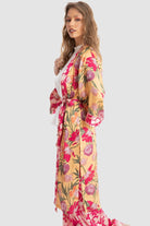 داليدرس كيمونو منقوشة برباط على الخصر كم طويل نسائي طباعة الزهرة الصفراء