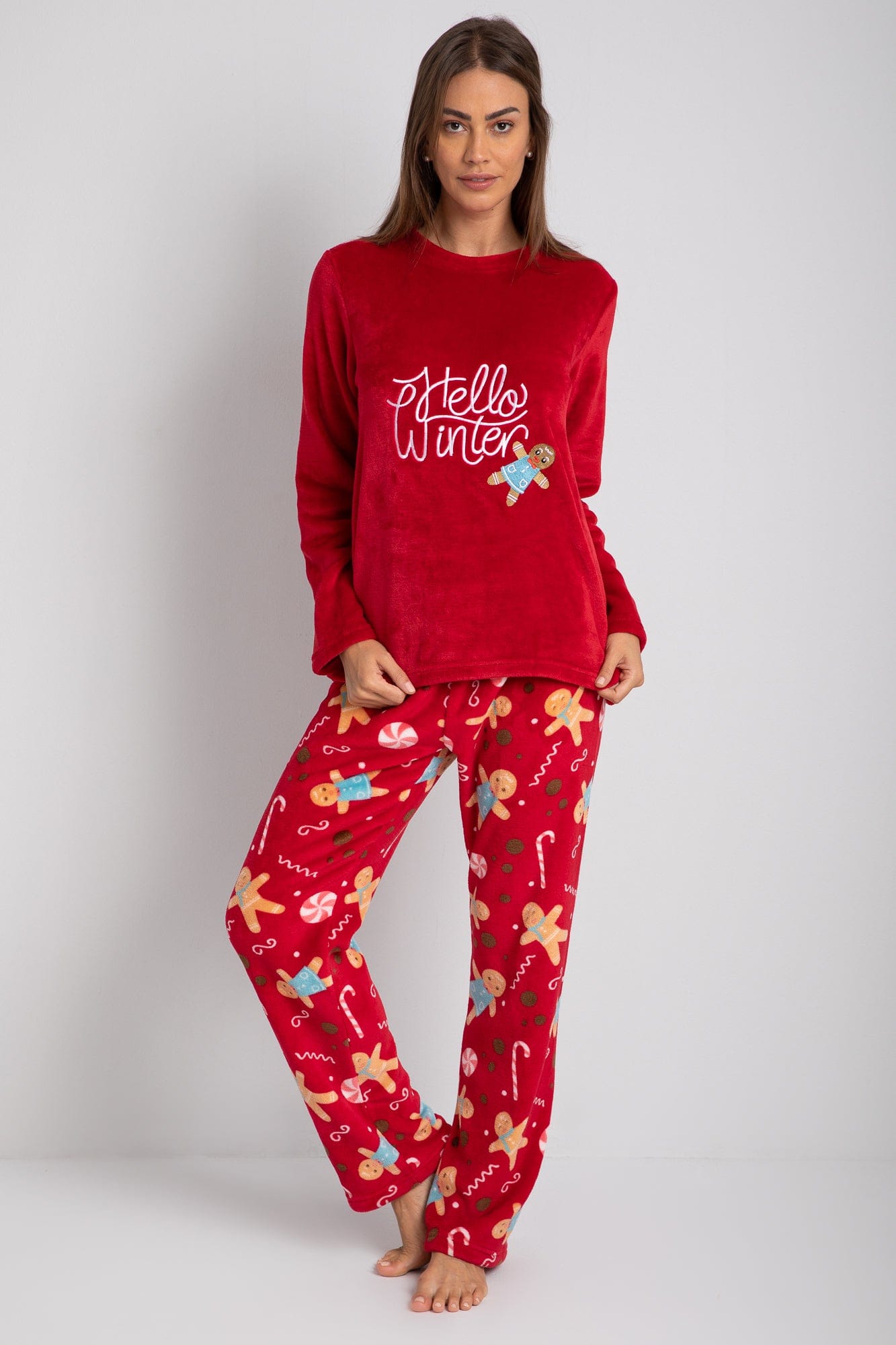 داليدرس بيجامة تيشيرت مظرز بالخيط كم طويل ببنطلون منقوش مطبوع