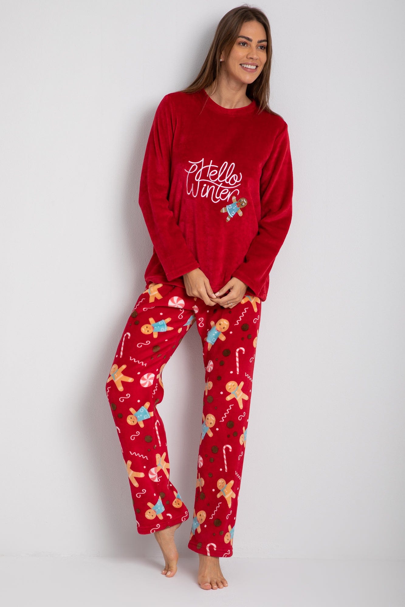 داليدرس بيجامة تيشيرت مظرز بالخيط كم طويل ببنطلون منقوش مطبوع