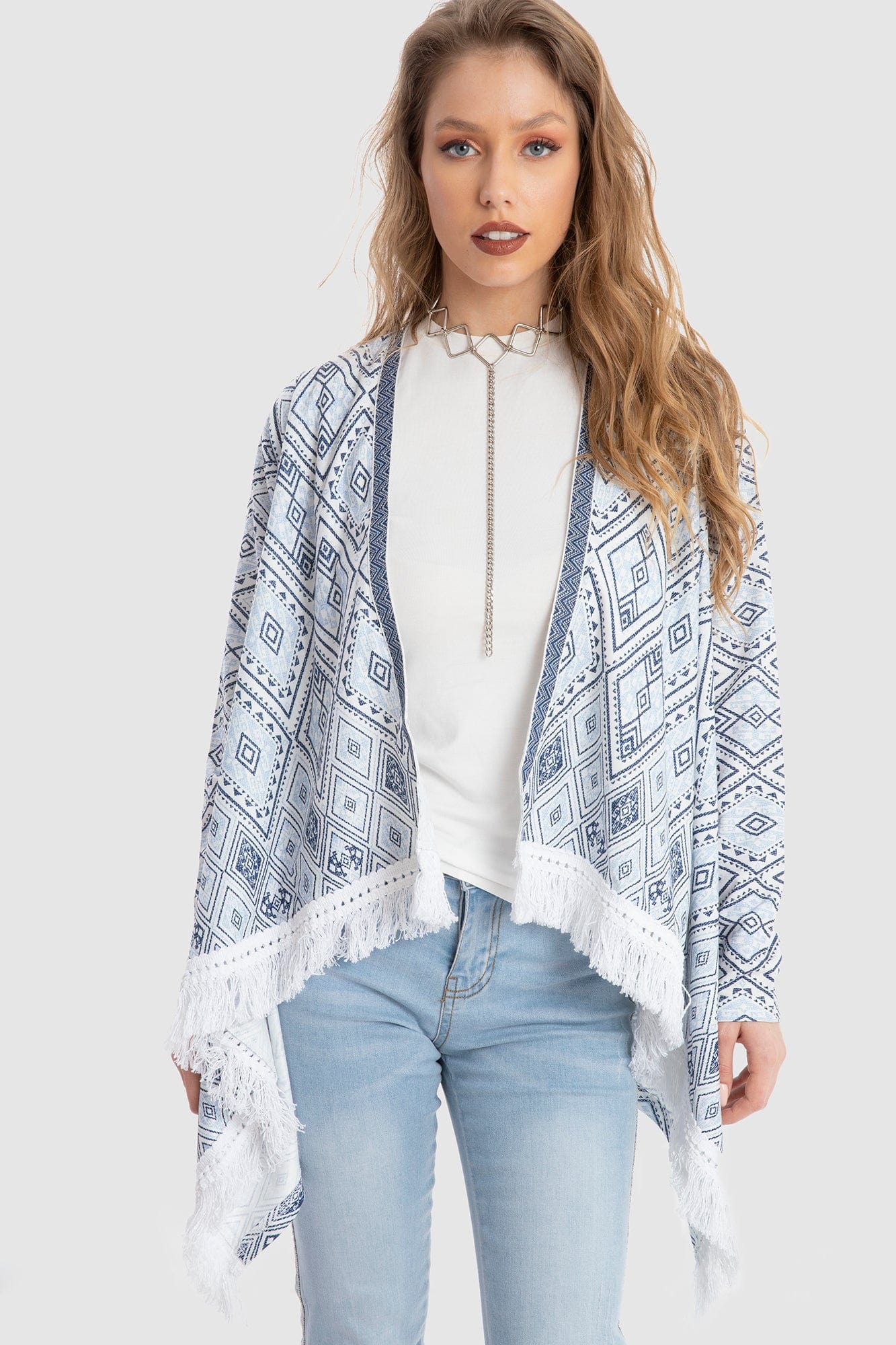 داليدرس كارديجان قصير منقوش كم طويل واسع نسائي أزرق/أبيض