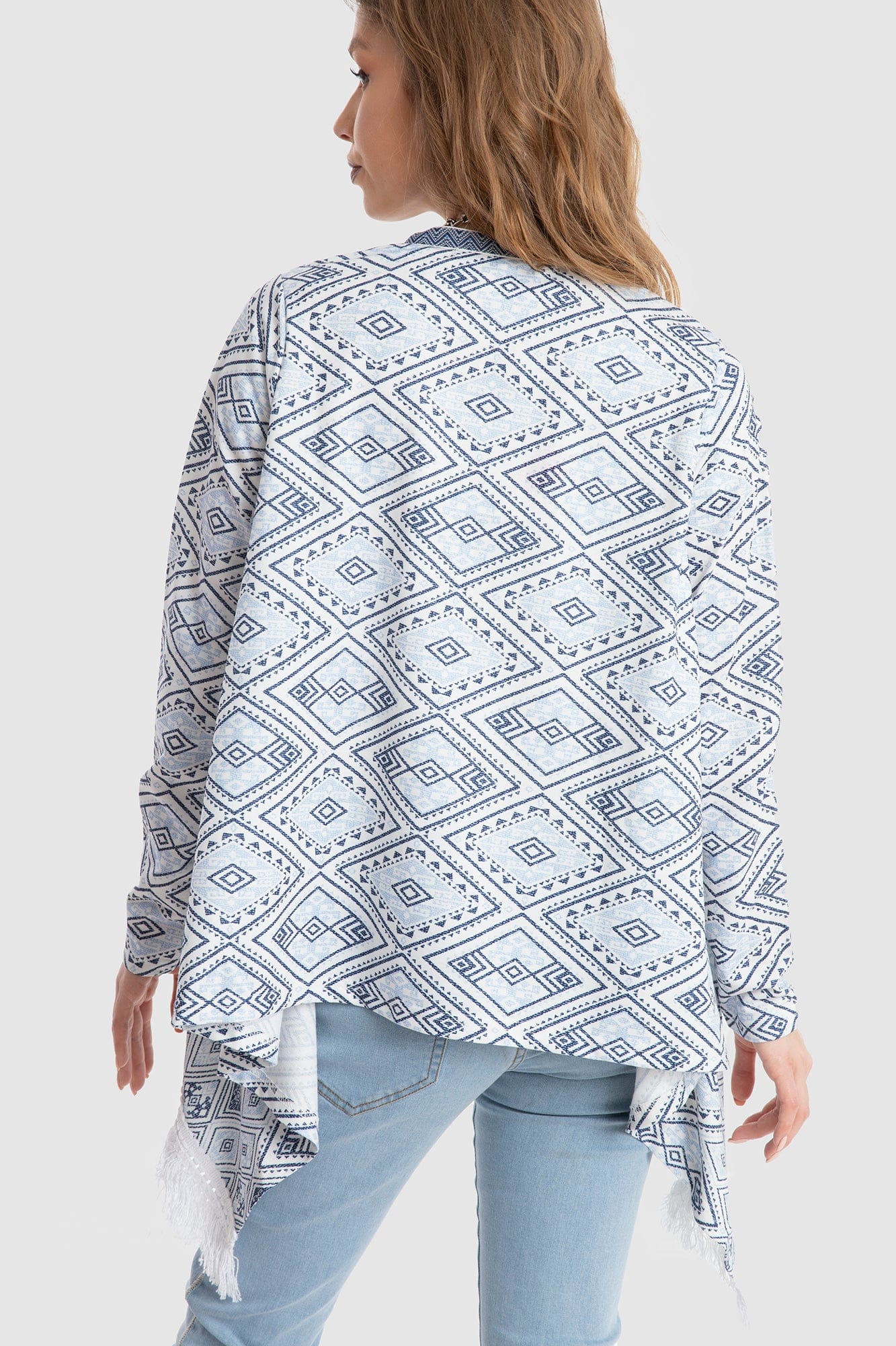 داليدرس كارديجان قصير منقوش كم طويل واسع نسائي أزرق/أبيض