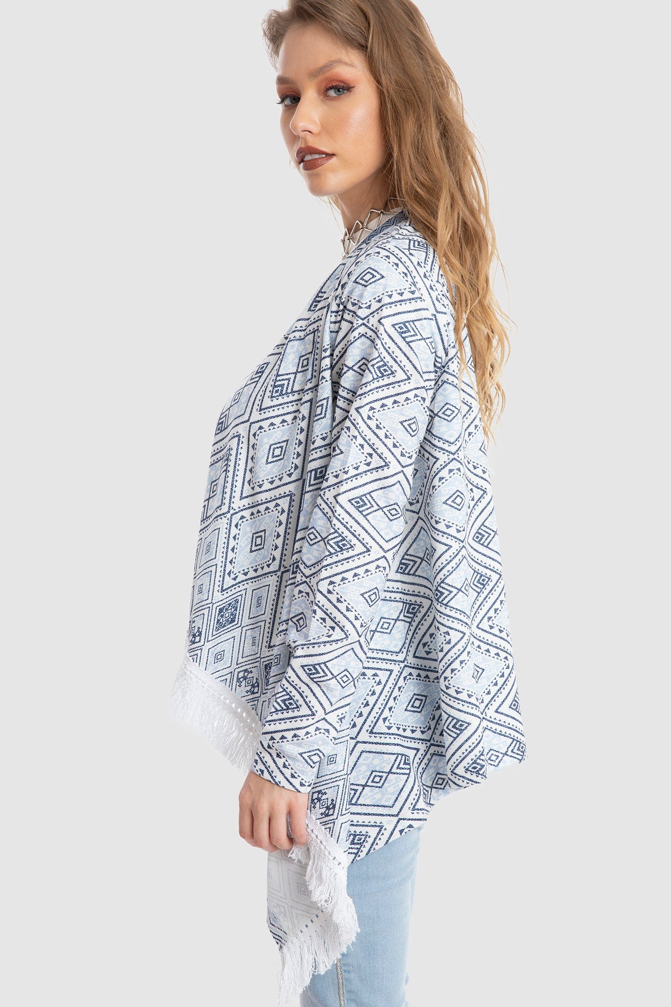 داليدرس كارديجان قصير منقوش كم طويل واسع نسائي أزرق/أبيض