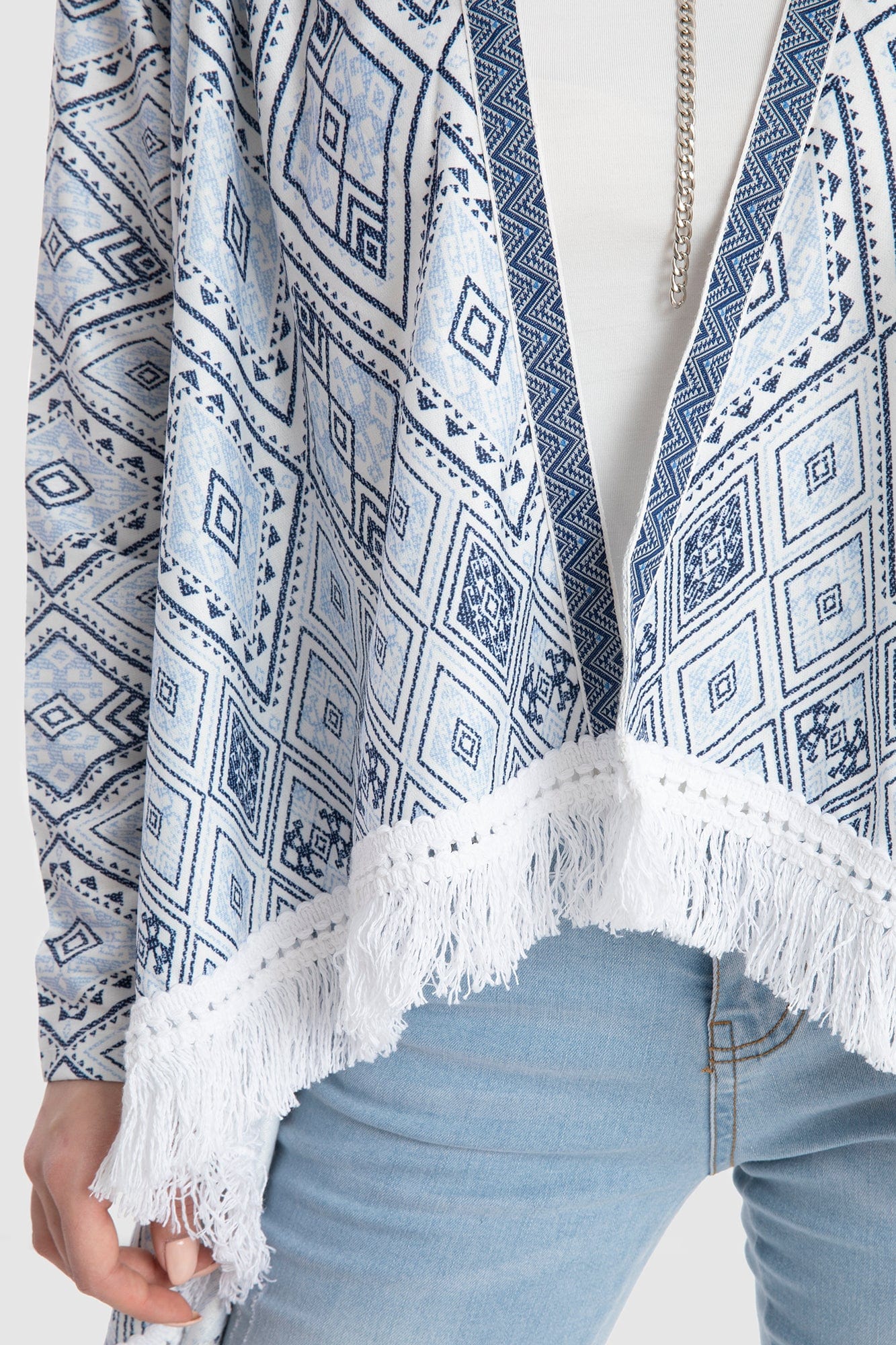 داليدرس كارديجان قصير منقوش كم طويل واسع نسائي أزرق/أبيض