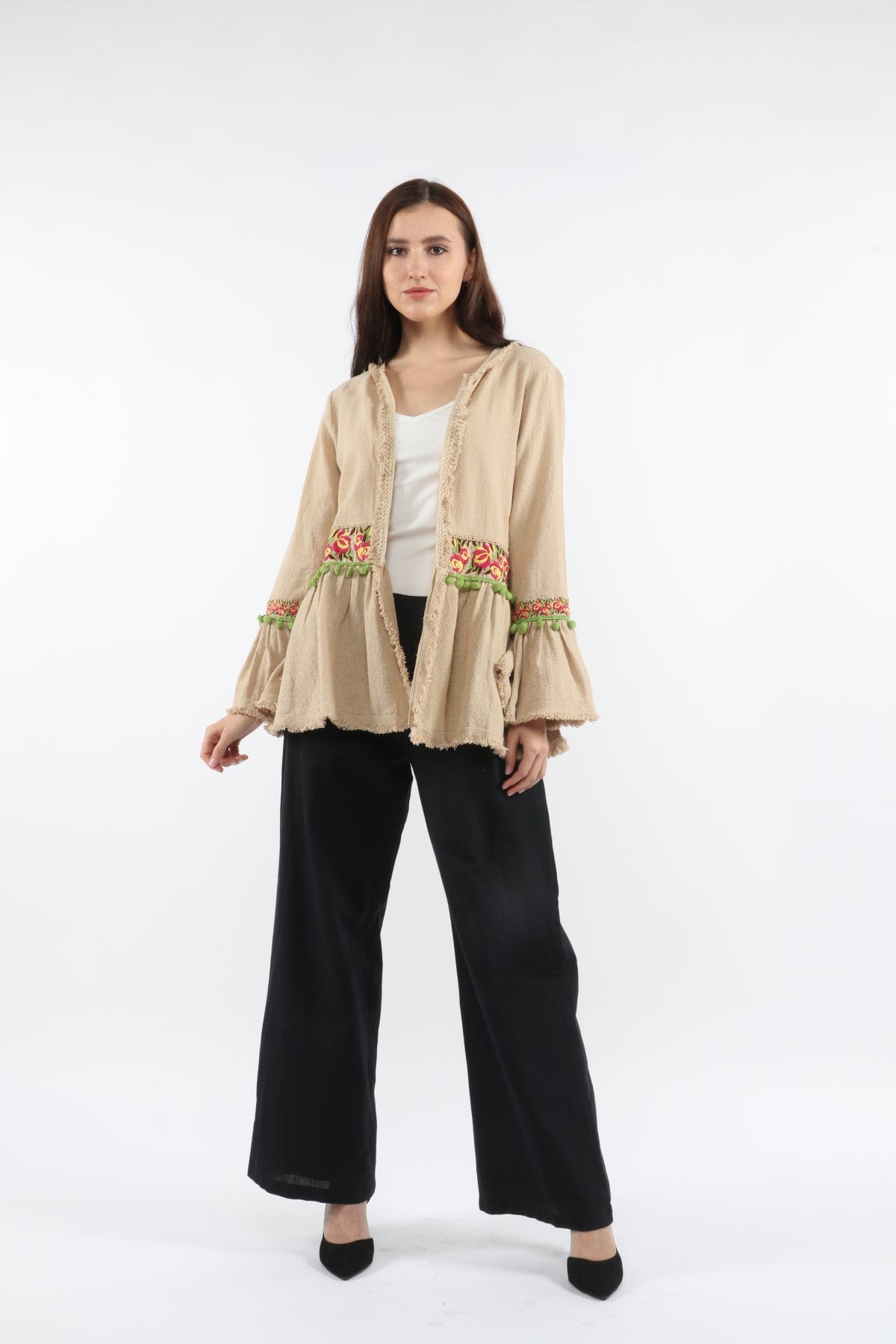 داليدرس كارديجان سادة مزين بالخيوط كم طويل نسائي بيج